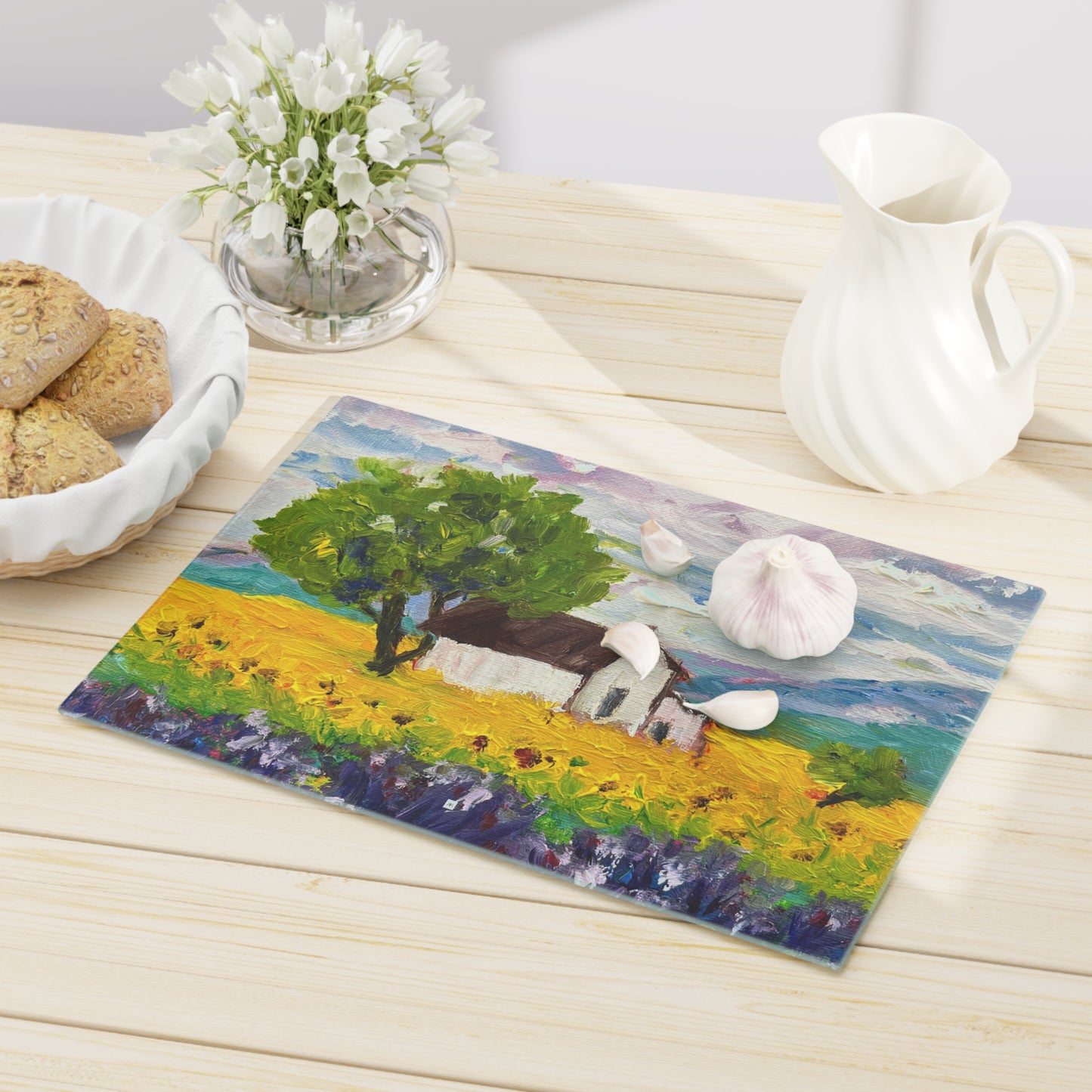 Sunflowers and Lavender Provincial Landscape Glass Cutting Board