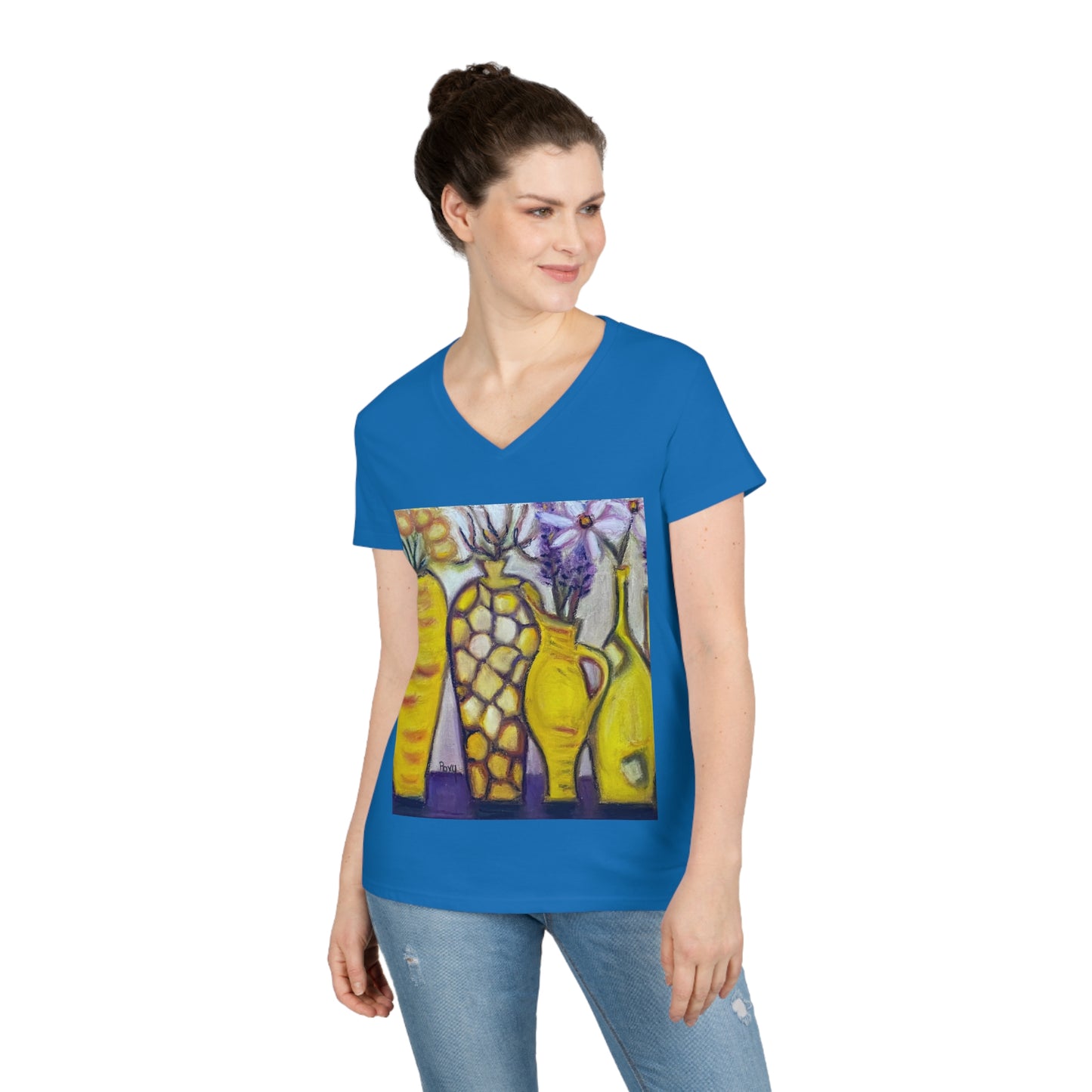 Camiseta con cuello en V para mujer Jarrones amarillos