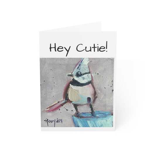 Adorable mésange huppée "Hey Cutie !" - Cartes de vœux pliées à l'intérieur.