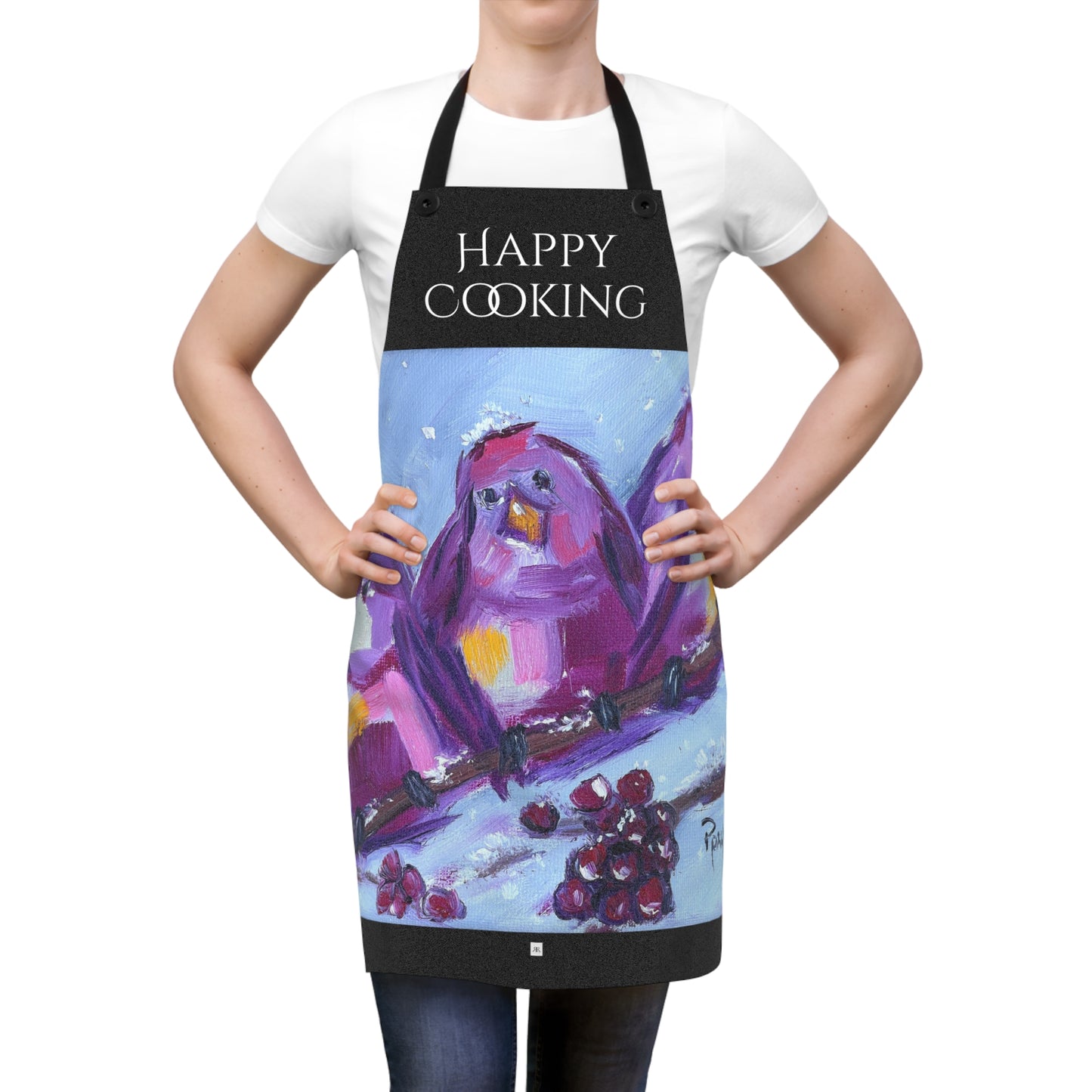 Apron-Three Whimsical Chirpy Birds on a Snowy Branch-"Happy Cooking"