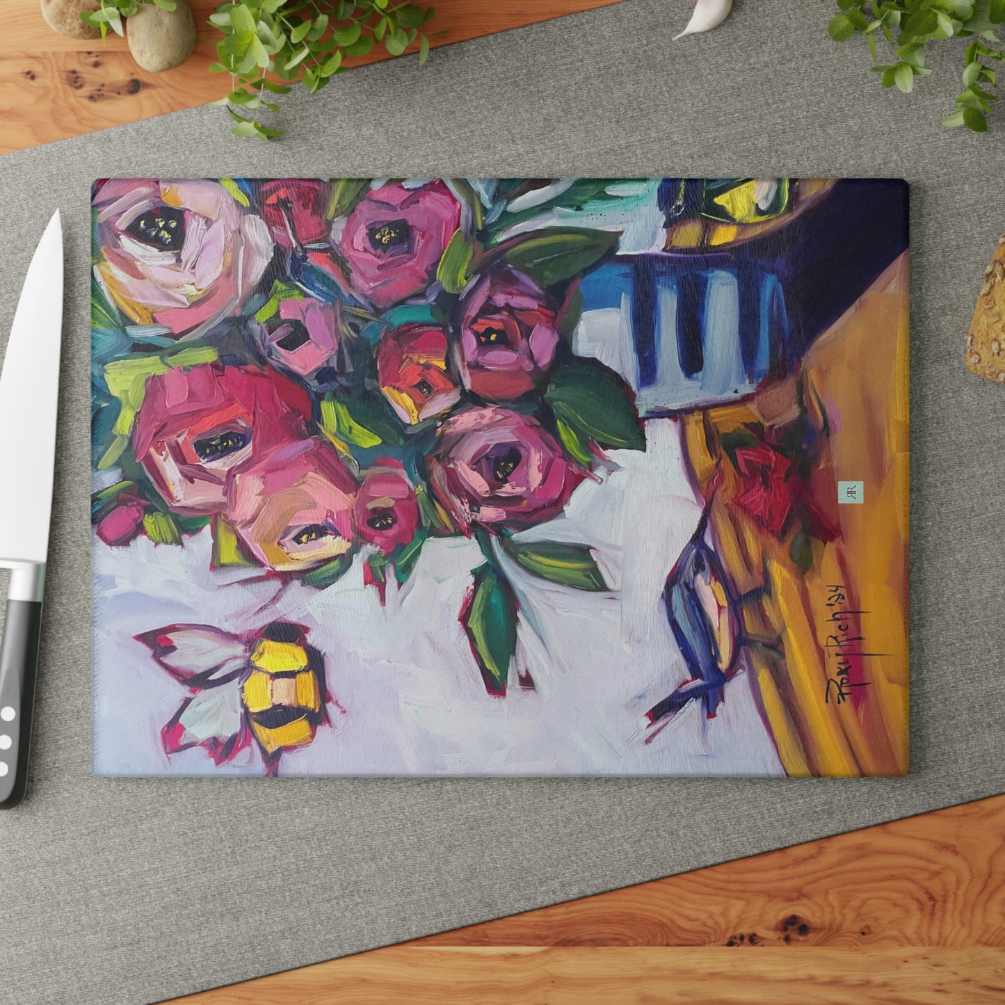 Bee Blooms Glass Cutting Board