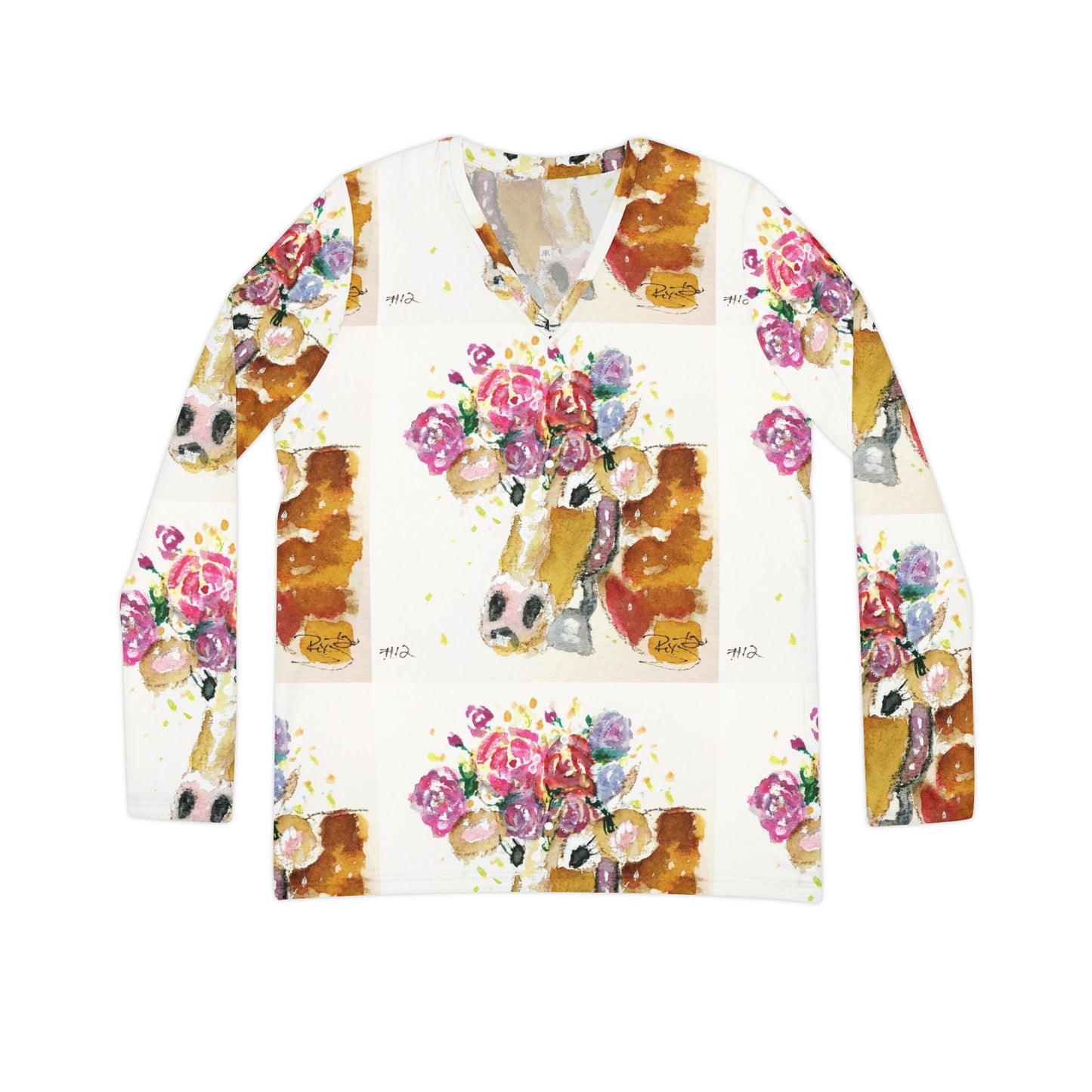 Long Sleeve Shirt-Adorable Cow with Flowers on its Head- V-neck Women's