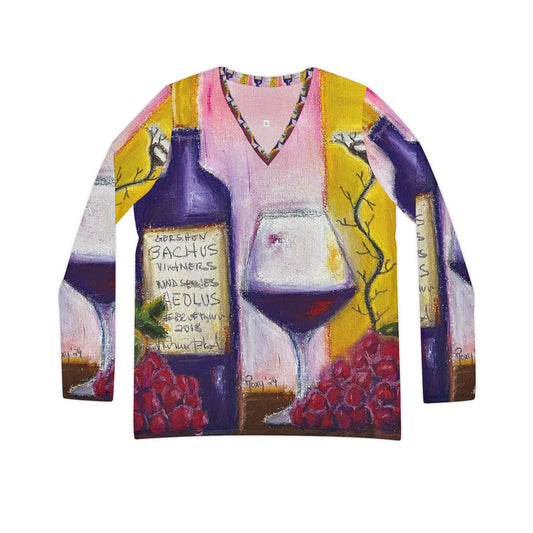 Long Sleeve Shirt-Aeolus GBV Wine Bottle and Clique Glass - V-neck Women's