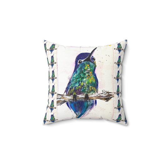 Adorable almohada cuadrada de poliéster hilado para interiores con colibrí de vientre pulido