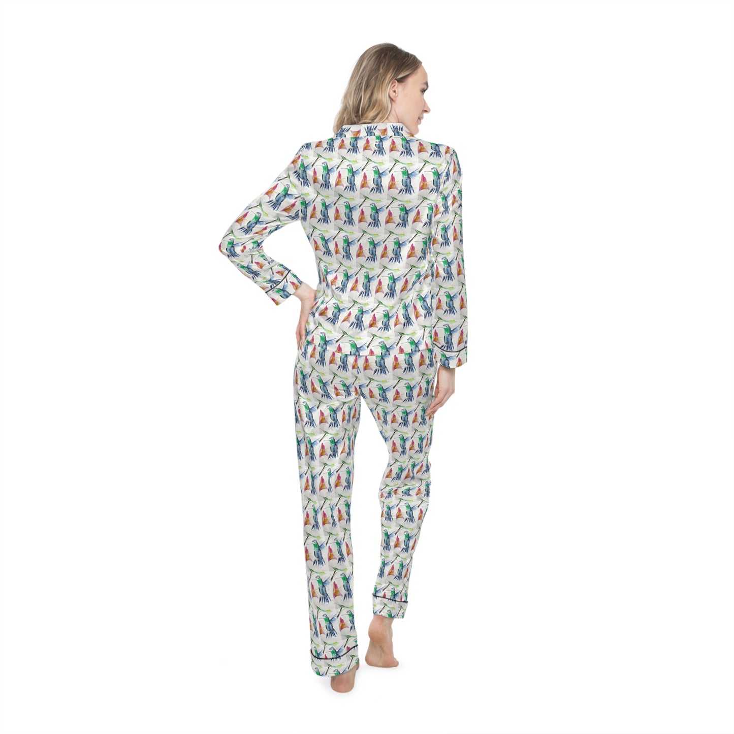 Satin Pajamas — Luxurious Silky Sleepwear Set-Floaty Blue Hummingbird