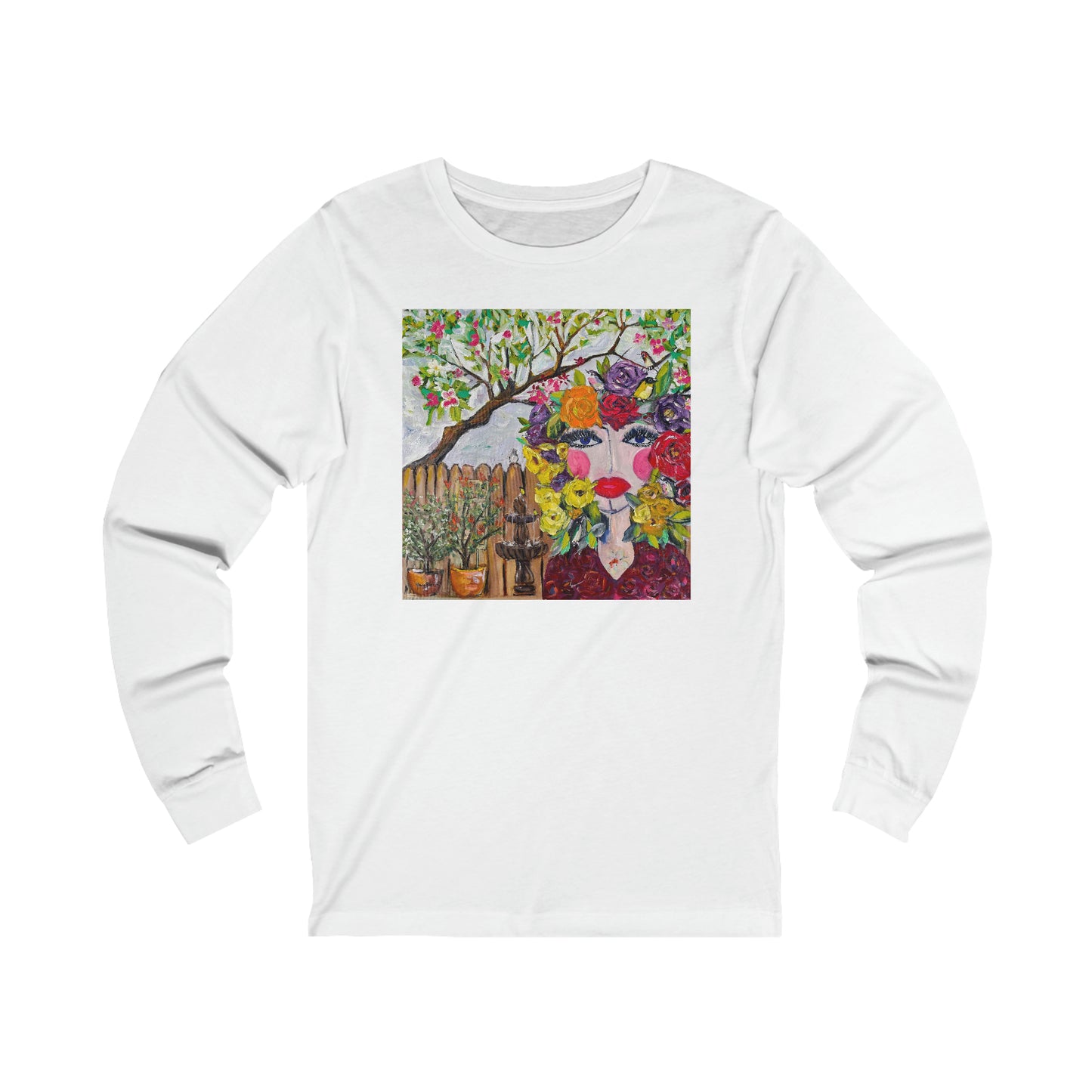 Camiseta de manga larga de Jersey unisex de pájaros y flores