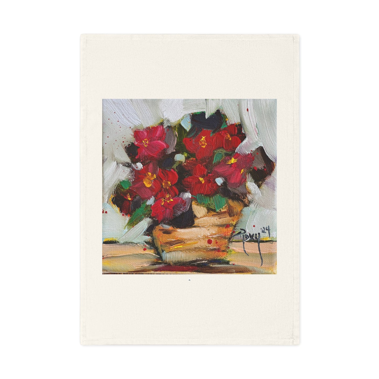 Wax Begonias in a Basket Organic Vegan Cotton Tea Towel