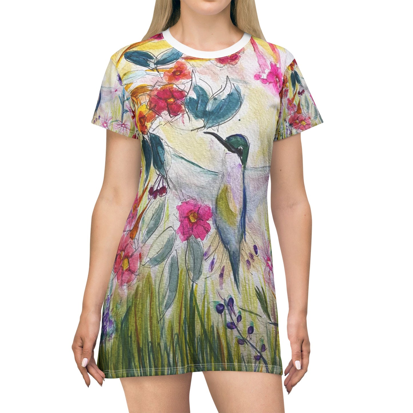 T-Shirt Dress -Hummingbird in a Tube Flower Garden