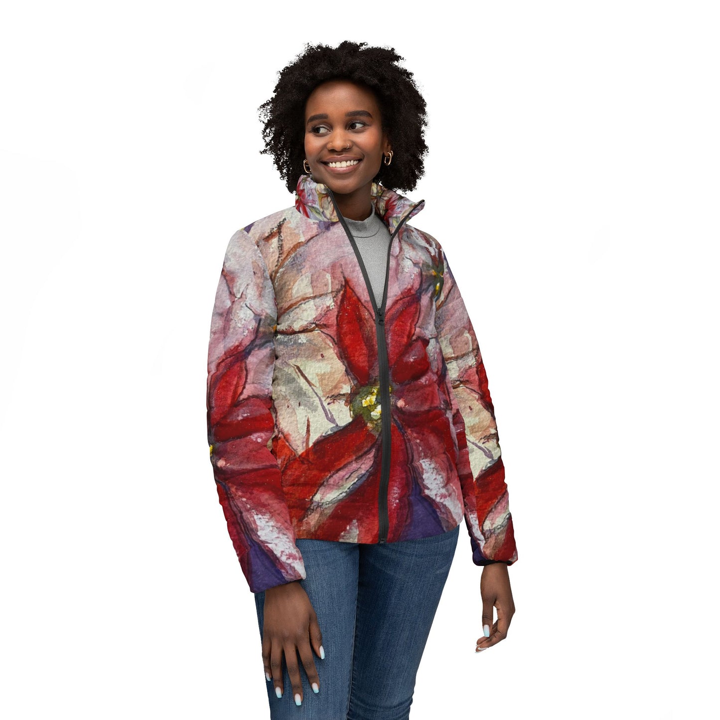 Women's Puffer Jacket - Roxy Rich Fine Art Design-Poinsettias