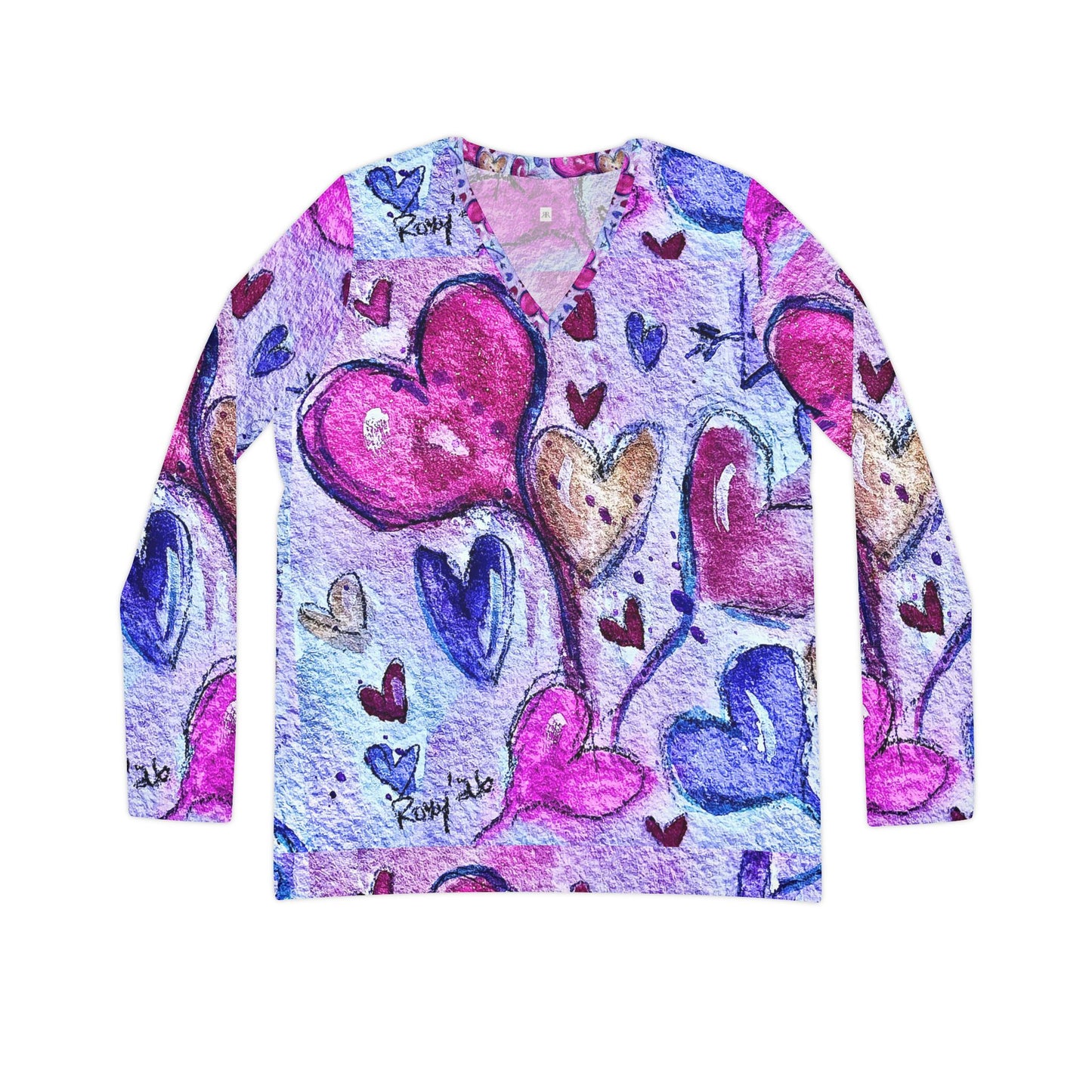 Women's Long Sleeve V-neck Shirt -Floating Hearts Parade-Large Print