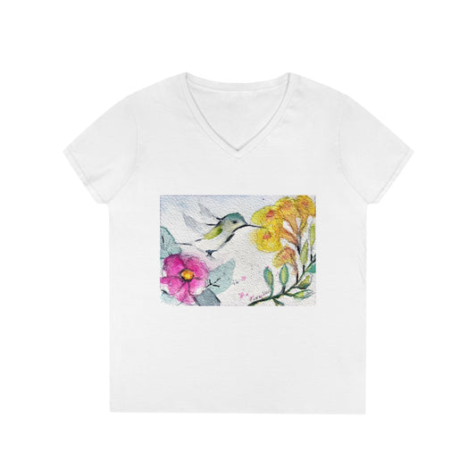Camiseta con cuello en V para mujer Colibrí con flores de tubo amarillas