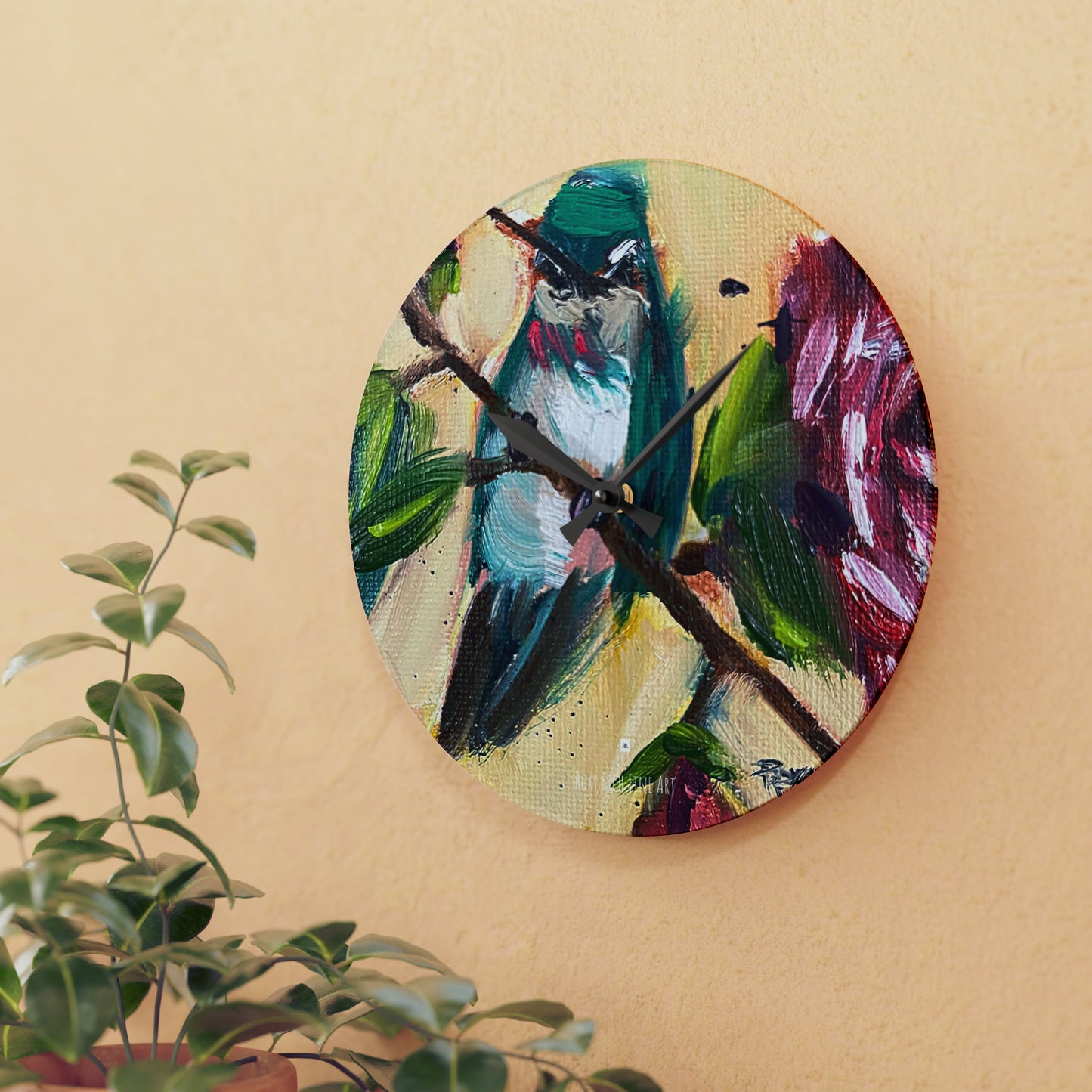 Hummingbird on a Rose Bush Acrylic Wall Clock