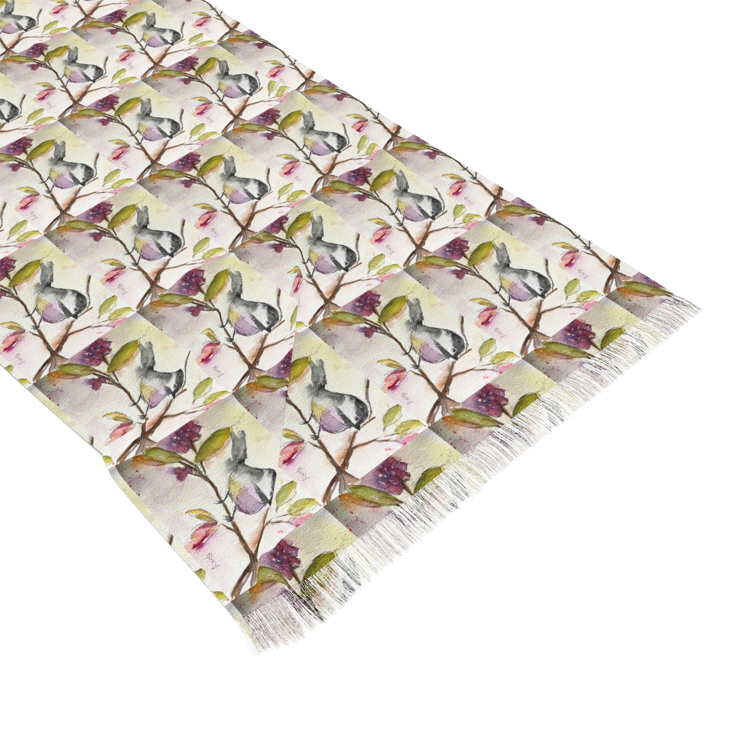 Colorful Scarf — Artistic Lightweight Neck Wrap- Chickadee in a Berry Tree