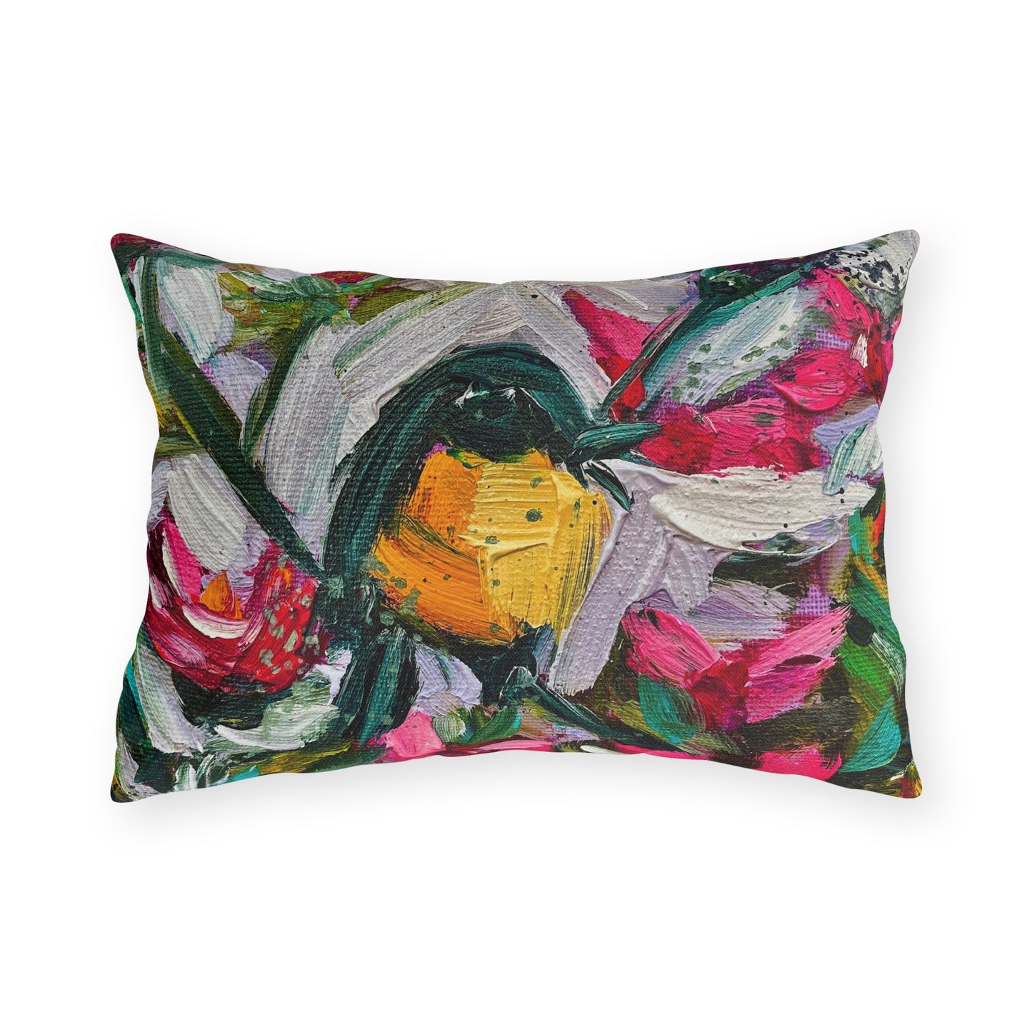 Outdoor Pillows-Colorful Encounter Goldfinch and Hummingbird
