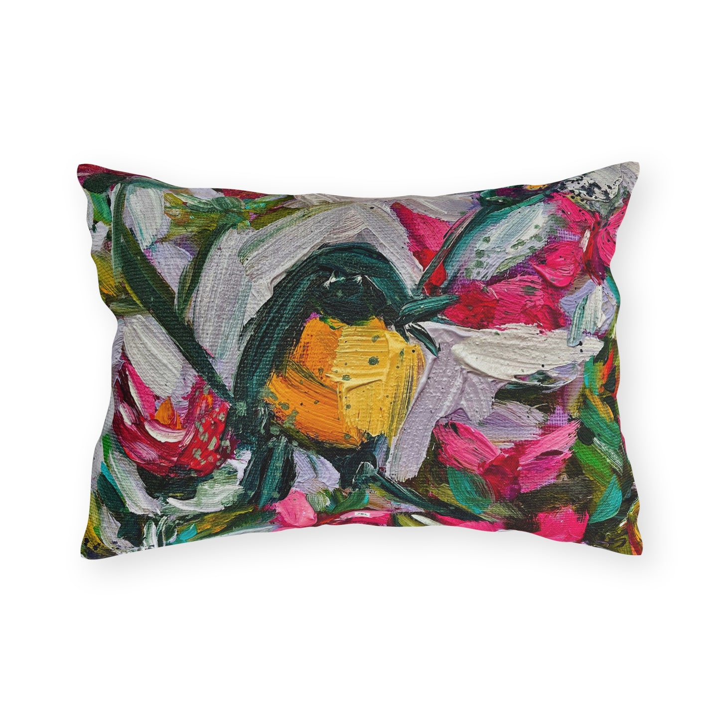 Outdoor Pillows-Colorful Encounter Goldfinch and Hummingbird