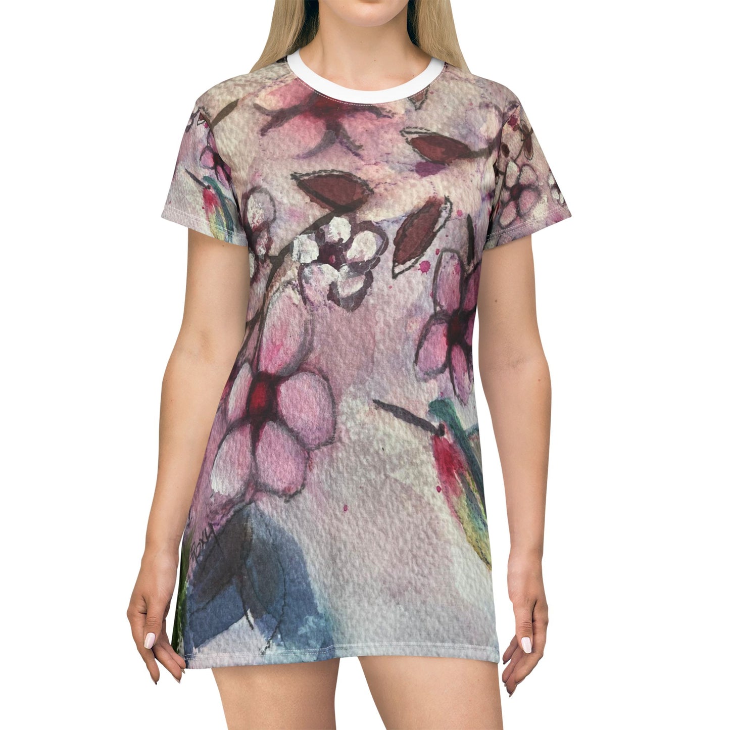 T-Shirt Dress -Hummingbird in Cherry Blossoms