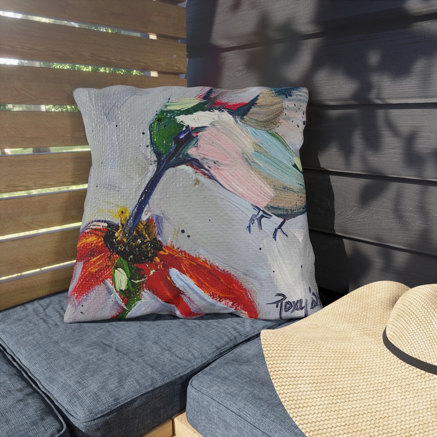 Colibri sur un coussin d’extérieur à échinacée