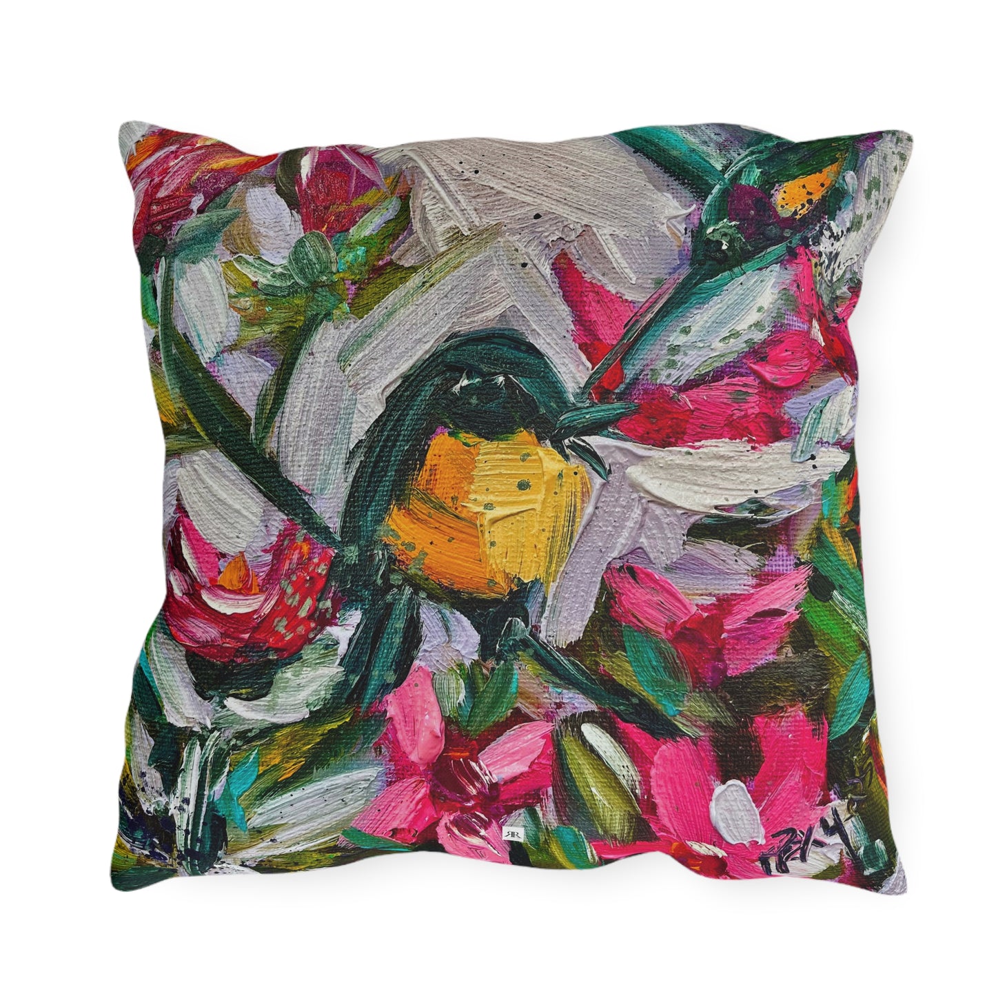 Outdoor Pillows-Colorful Encounter Goldfinch and Hummingbird