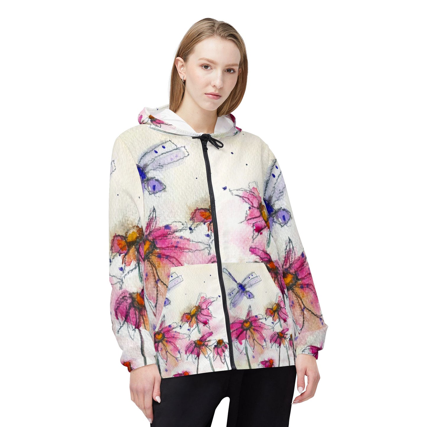 Lightweight Windbreaker Jacket — Purple Dragonfly with Pink Coneflowers