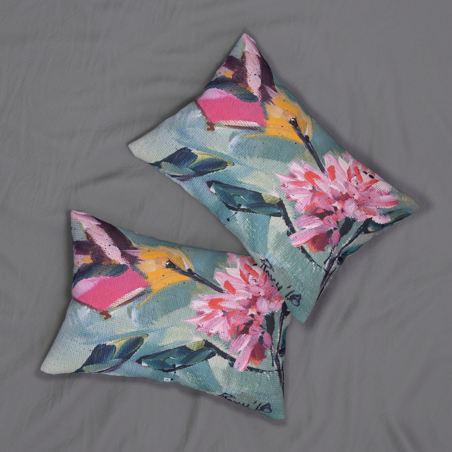 Pink Hummingbird with Pink Flower Lumbar Pillow