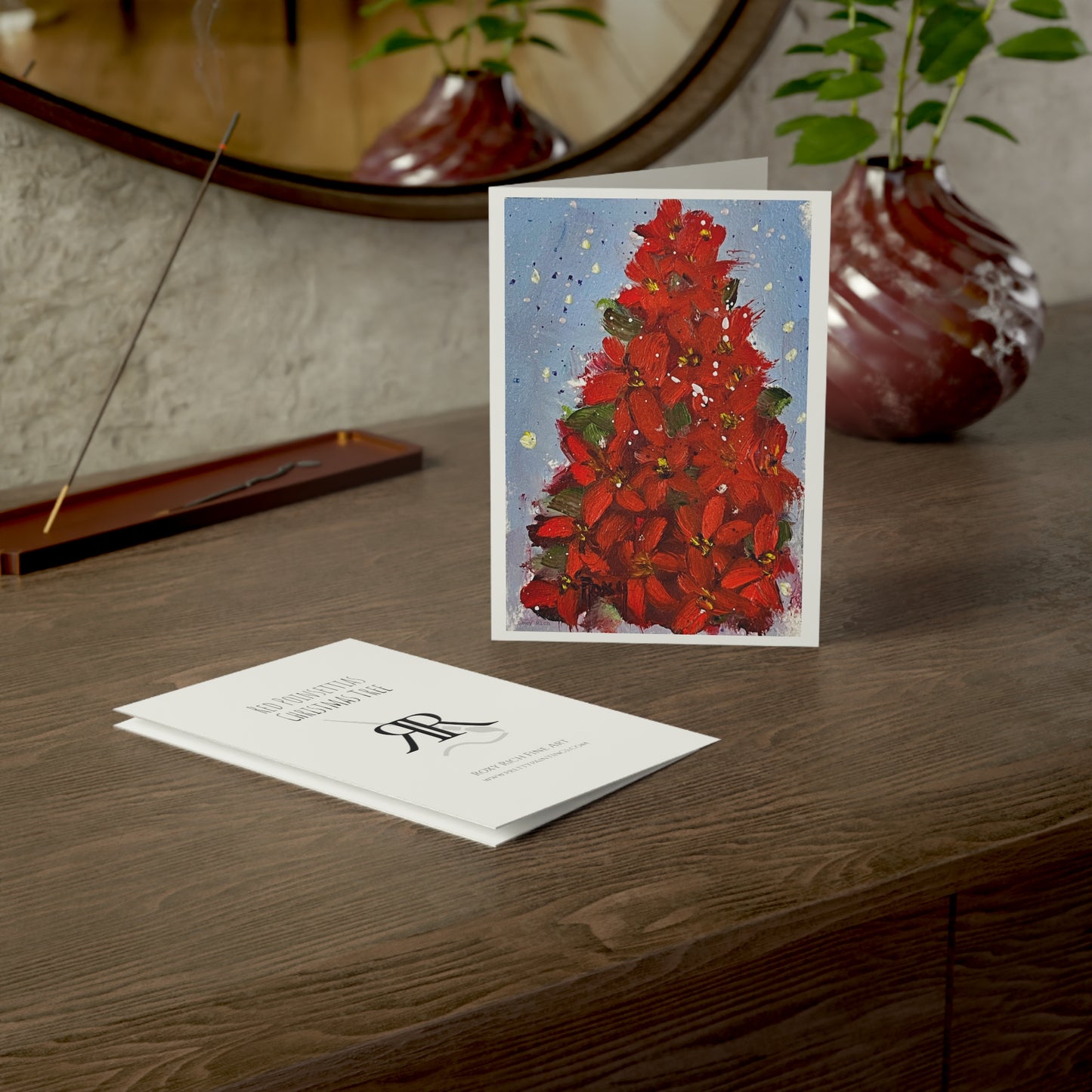 Red Poinsettias Christmas Tree Folded Greeting Cards with Christmas Message