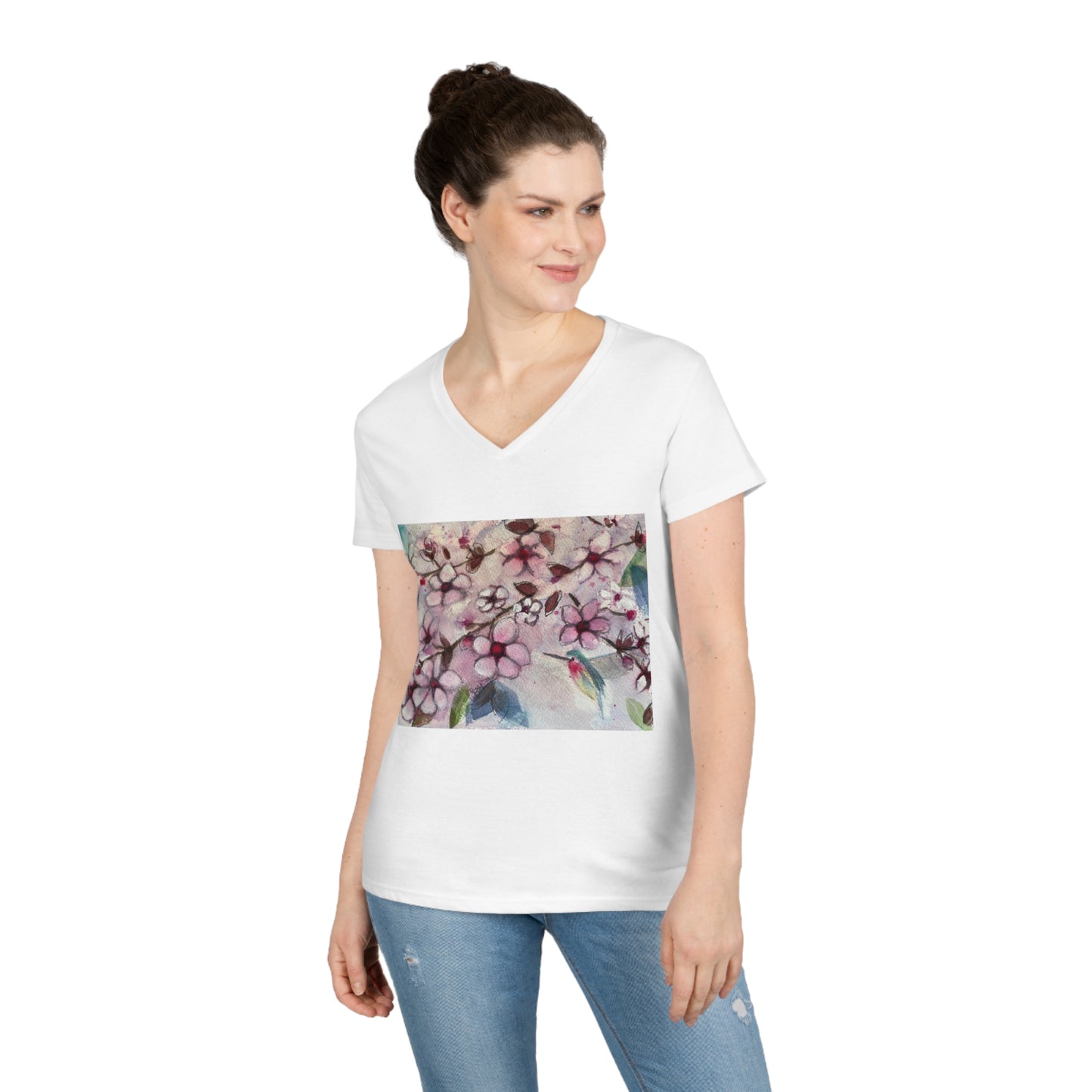 Hummingbird in Cherry Blossoms Ladies' V-Neck T-Shirt
