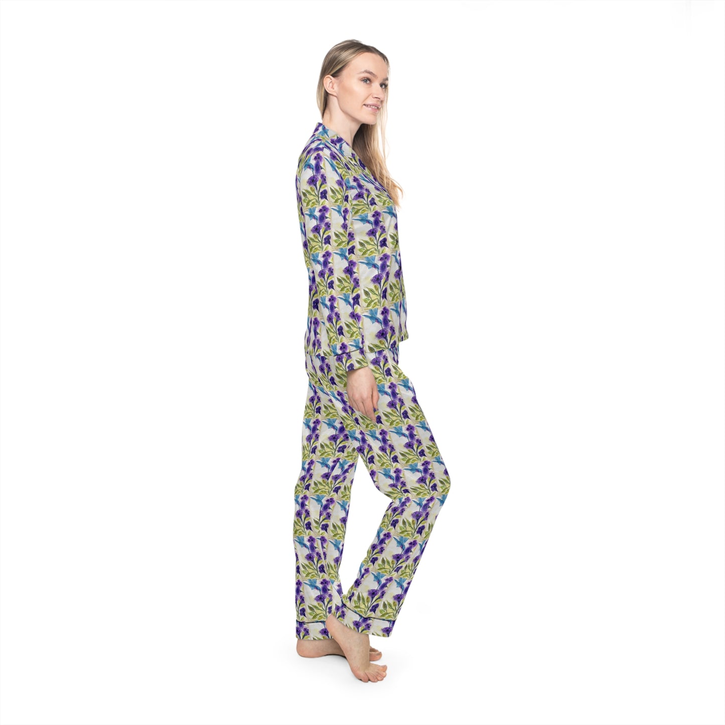 Satin Pajamas — Luxurious Silky Sleepwear Set- Hummingbird with Purple Flowers