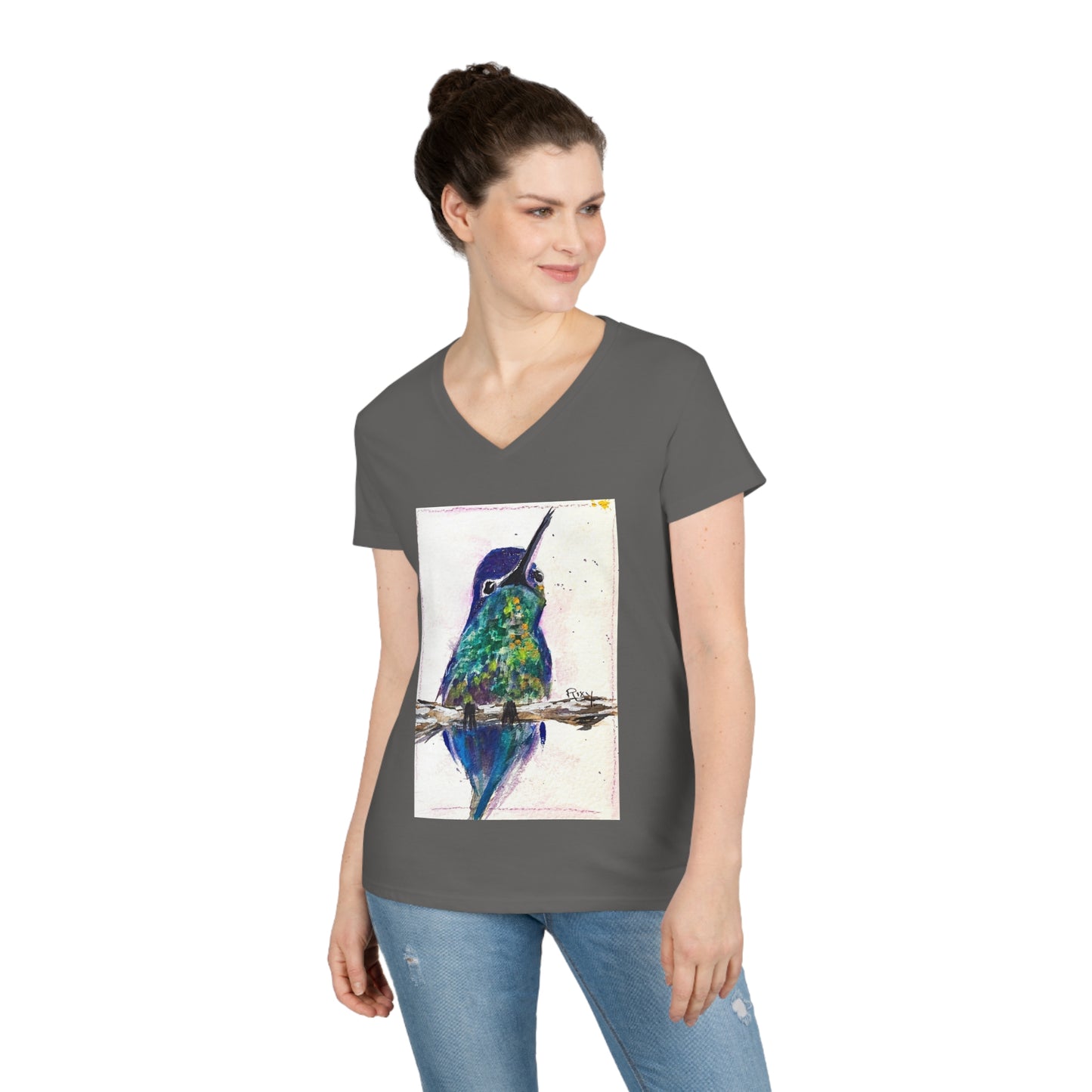 Camiseta con cuello en V para mujer Adorable colibrí de vientre pulido