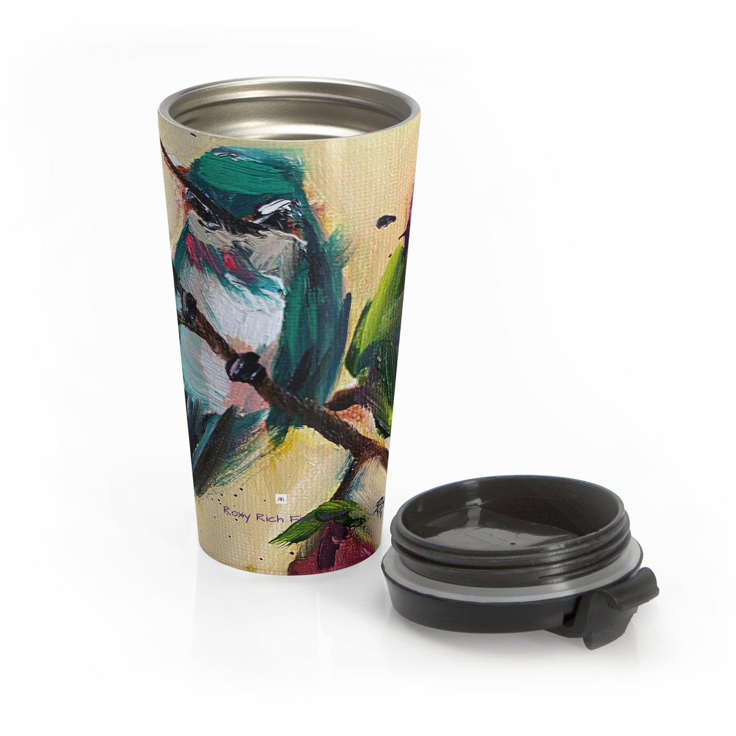 Taza de viaje de acero inoxidable Colibrí en un rosal