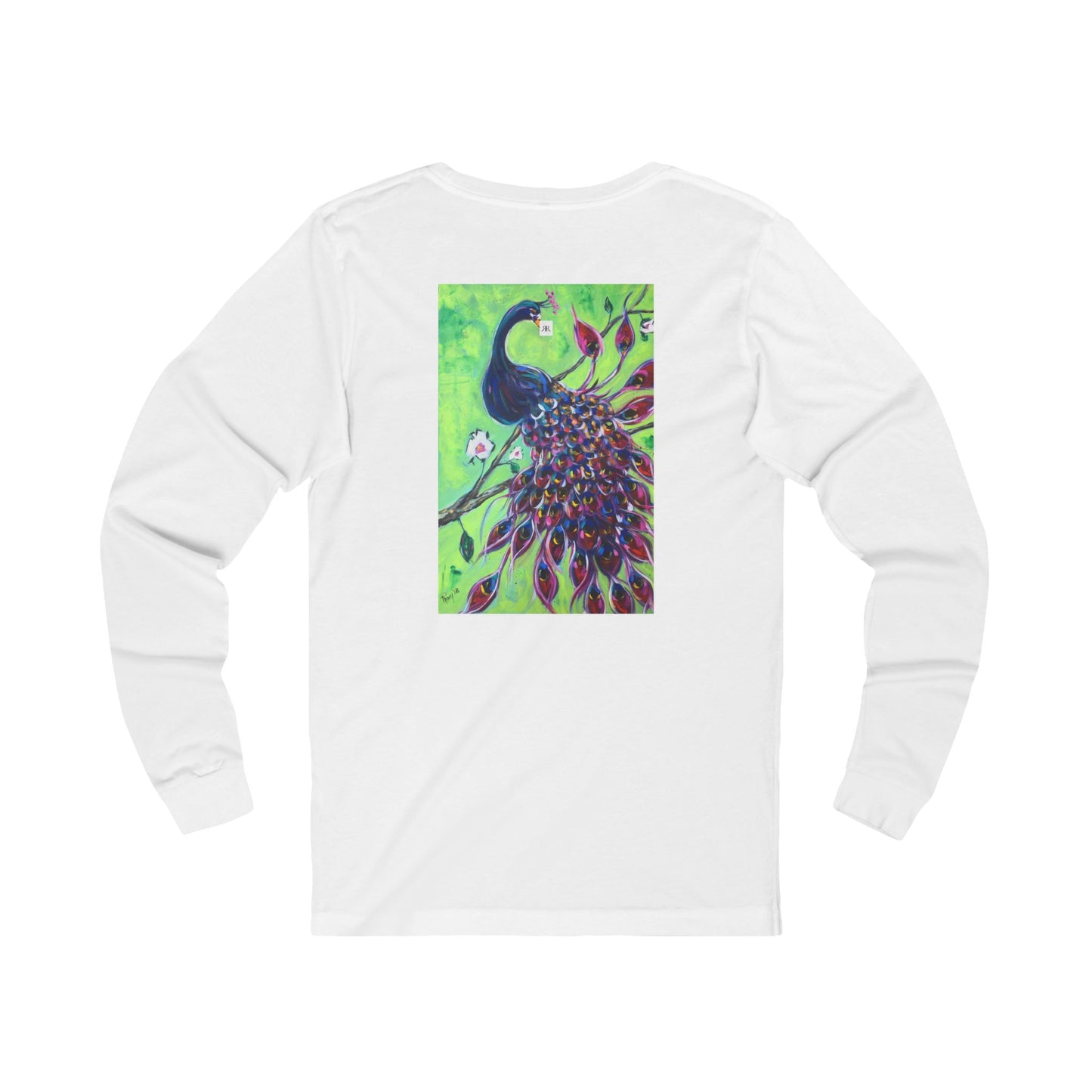 Unisex Jersey Long Sleeve Tee-Image on Back-Royal Plumage Peacock