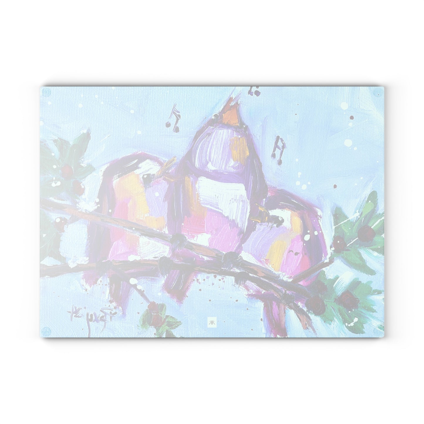 Glass Cutting Board-Fa La La-Whimsical Singing Birds Perched on a Snowy Branch with Berries