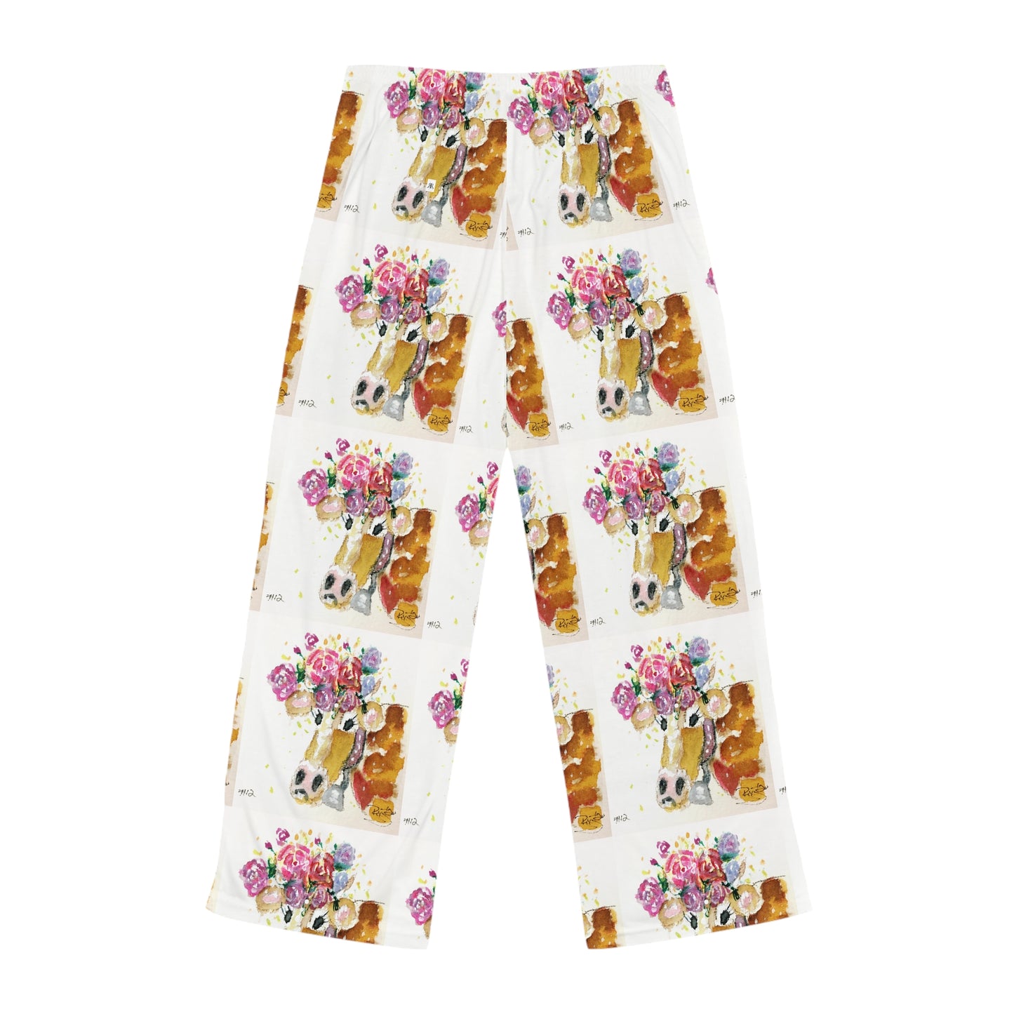 Pajama Pants - Adorable Cow with Flowers on its Head- Women's Pajama Pants