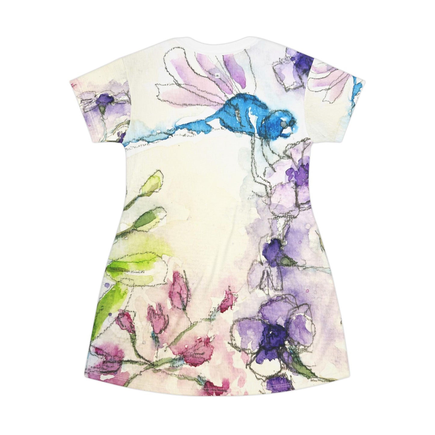 T-Shirt Dress -Blue Dragonfly in Purple Tube Flowers