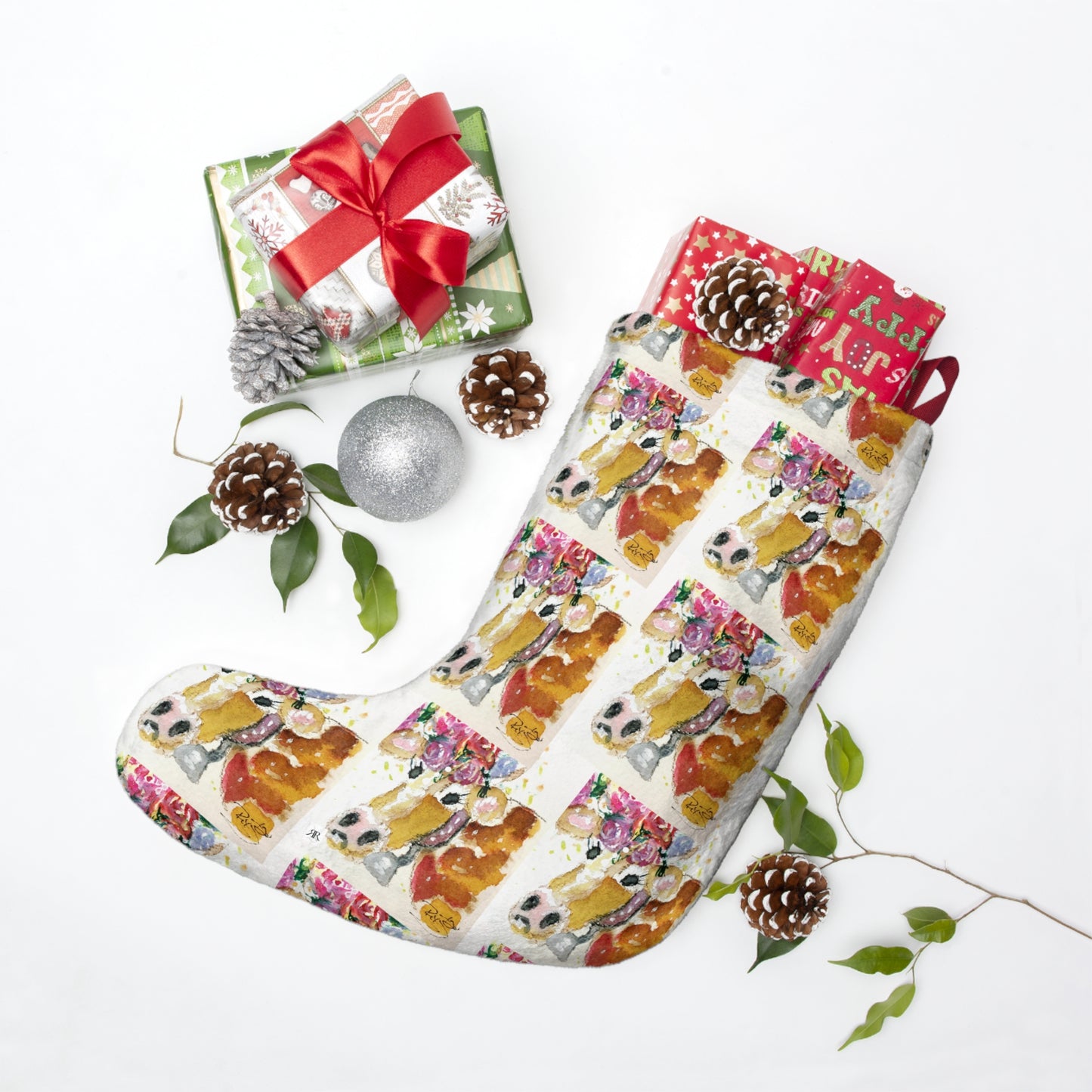 Adorable Cow with Flower Crown Cow Print Christmas Stocking