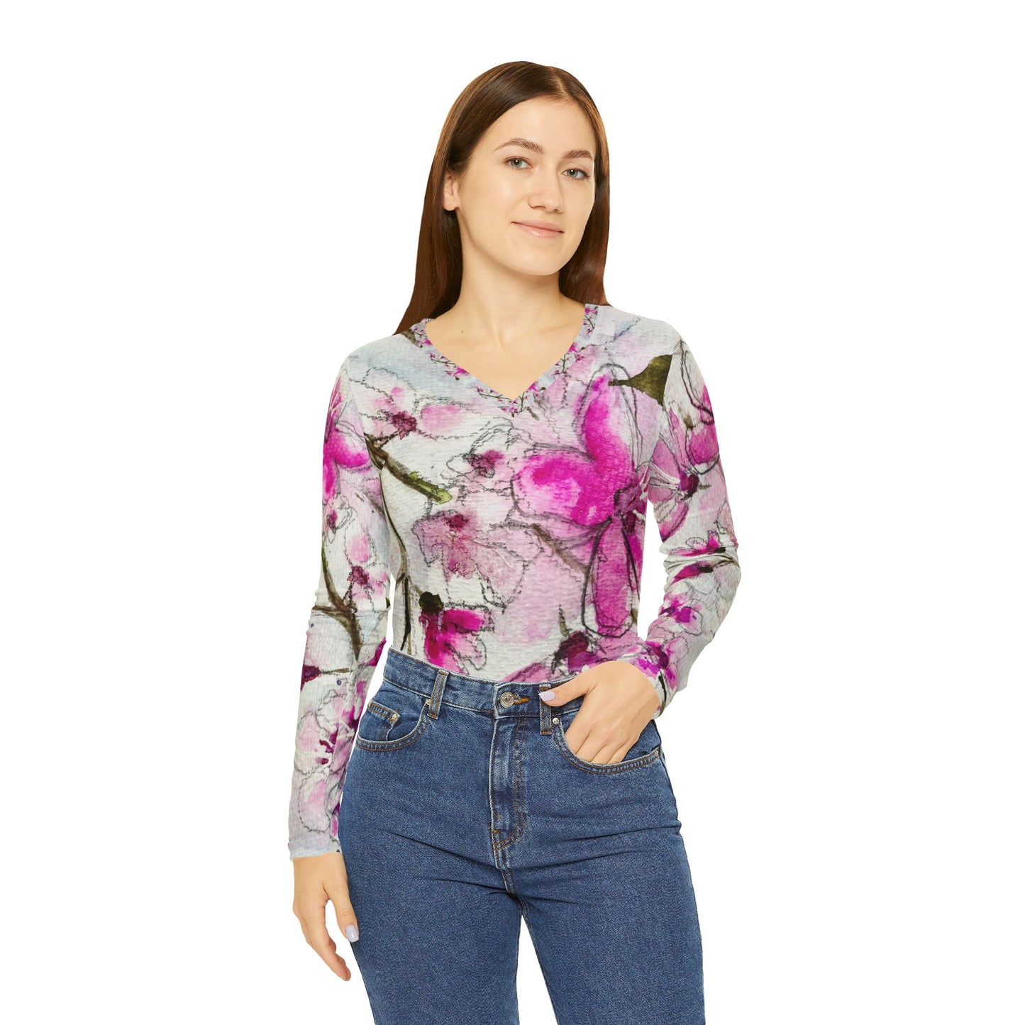 Long Sleeve Shirt-Watercolor Cherry Blossoms- V-neck Women's