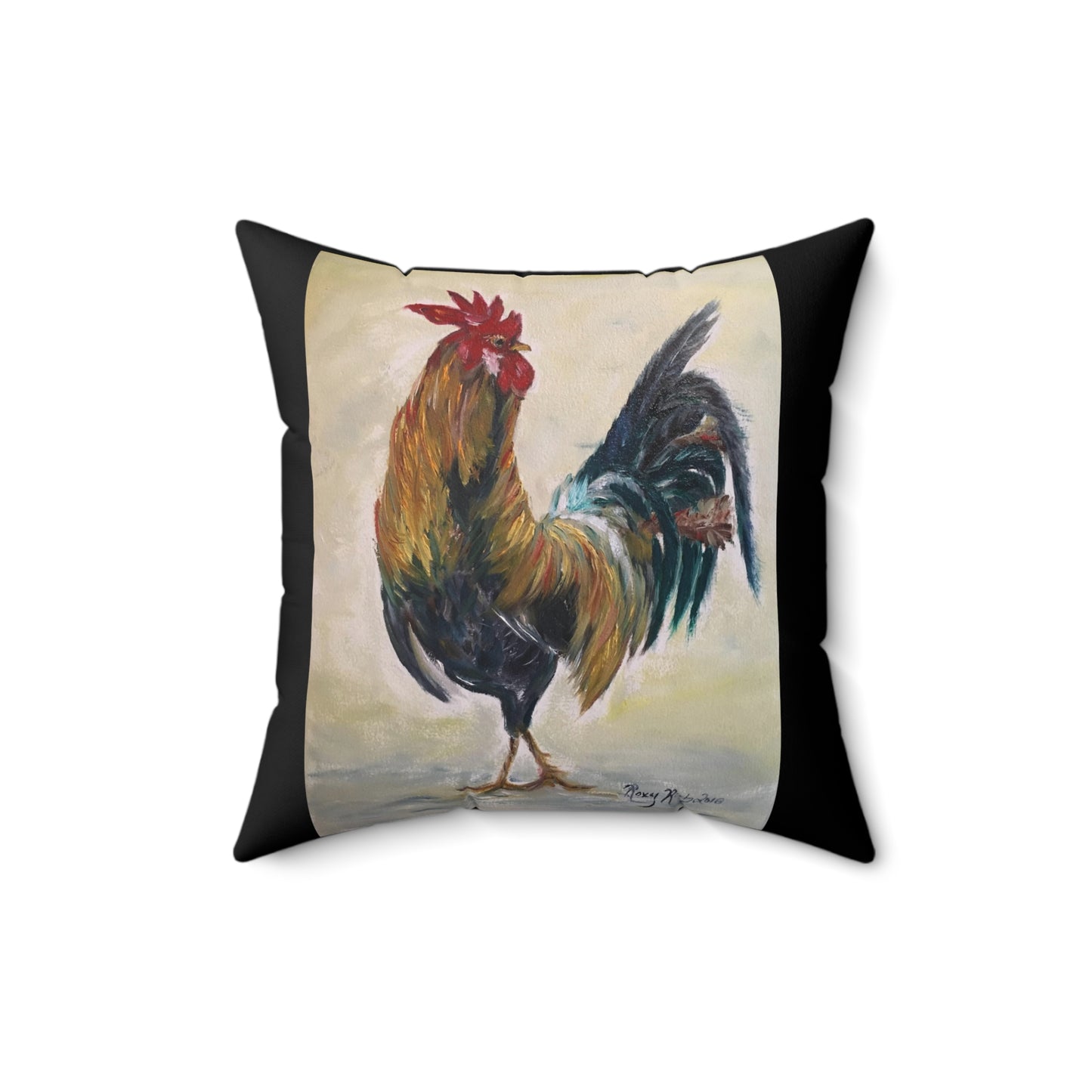 Rooster (Who you Calling Chicken?) Black Background Indoor Spun Polyester Square Pillow