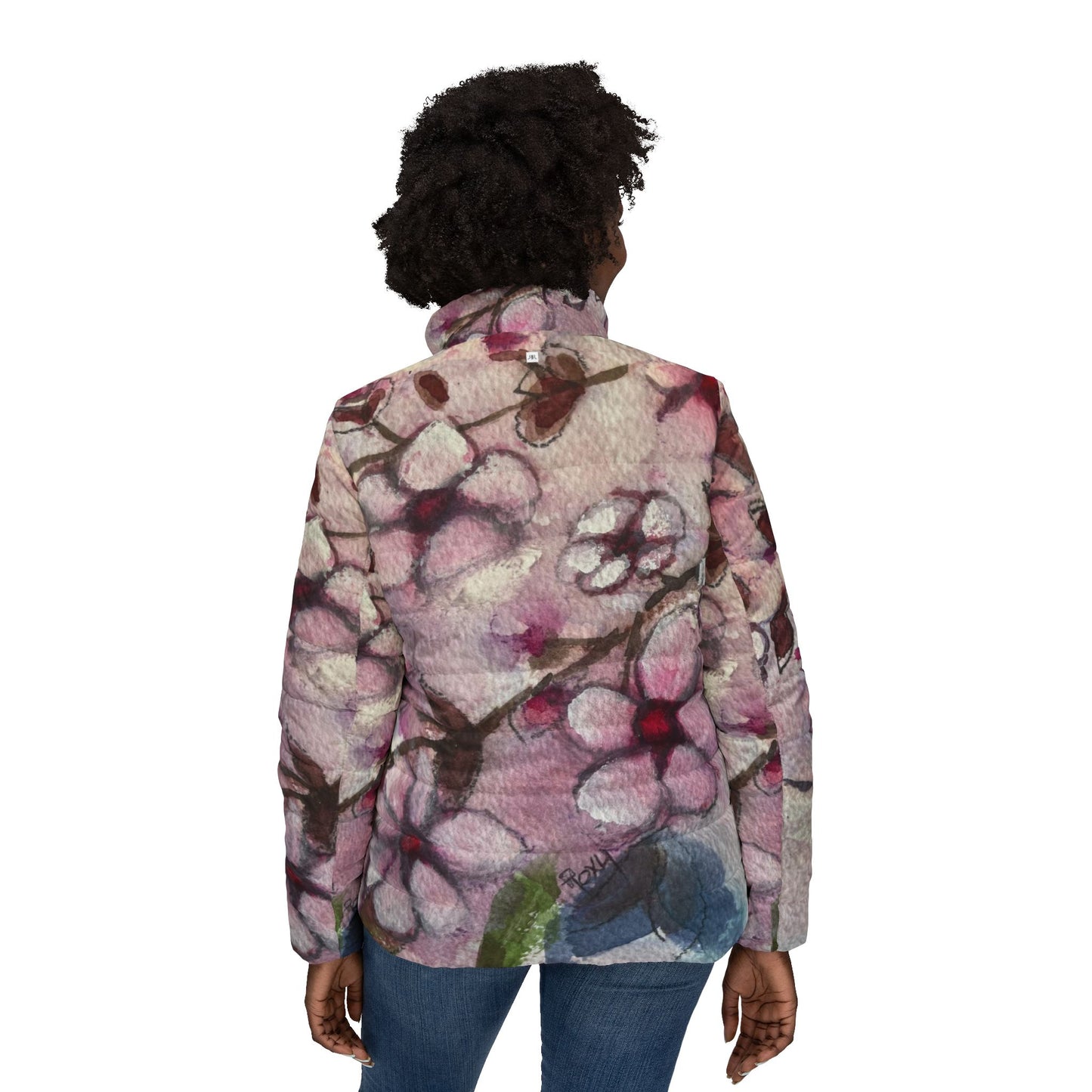 Women's Puffer Jacket - Roxy Rich Fine Art Design-Hummingbird in Cherry Blossoms