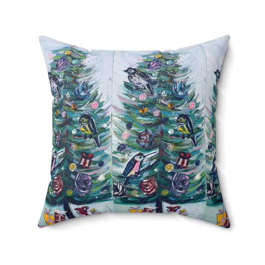 Oreiller carré en polyester filé d’intérieur avec plumes festives et oiseaux dans un arbre de Noël