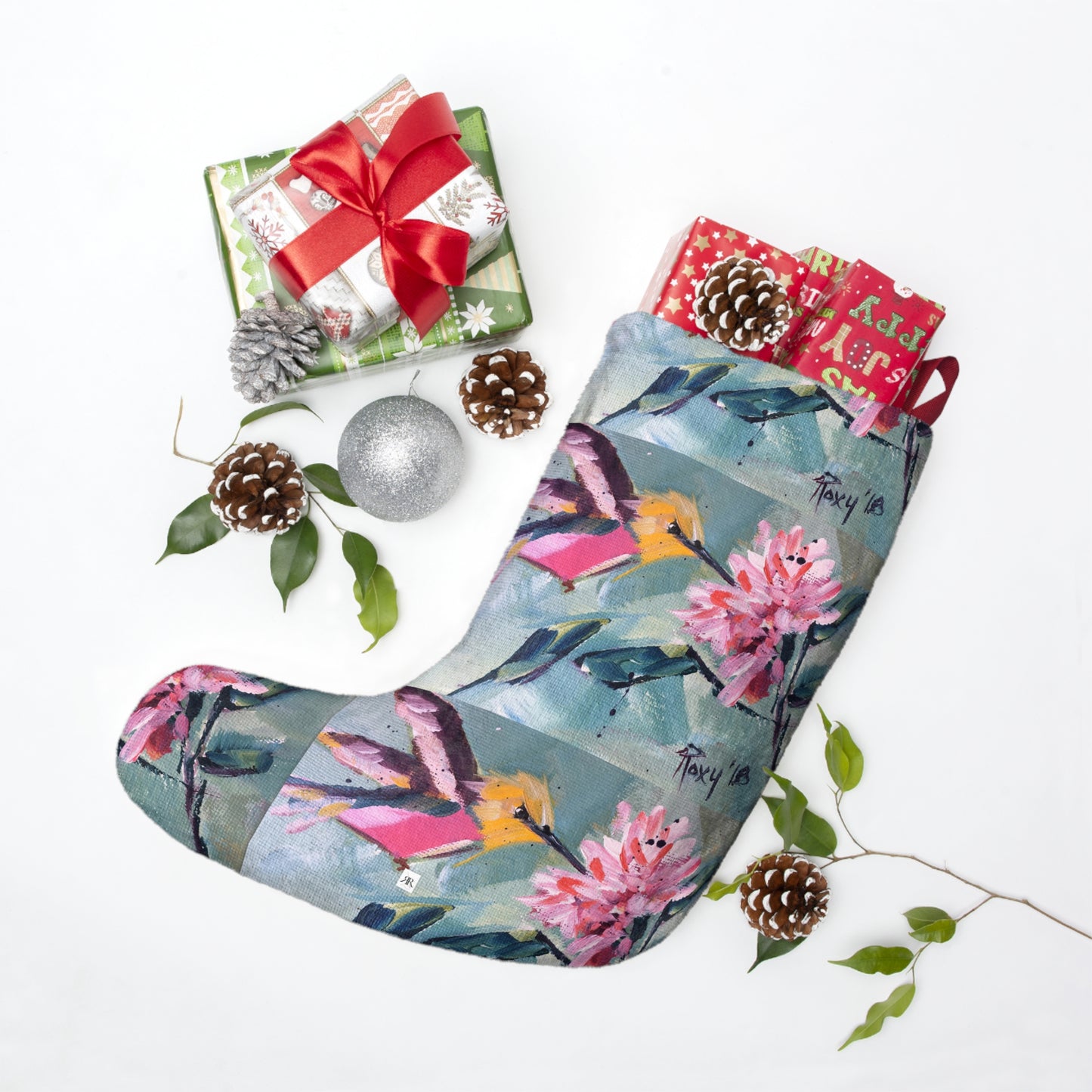 Pink Hummingbird Pink Flower Christmas Stocking