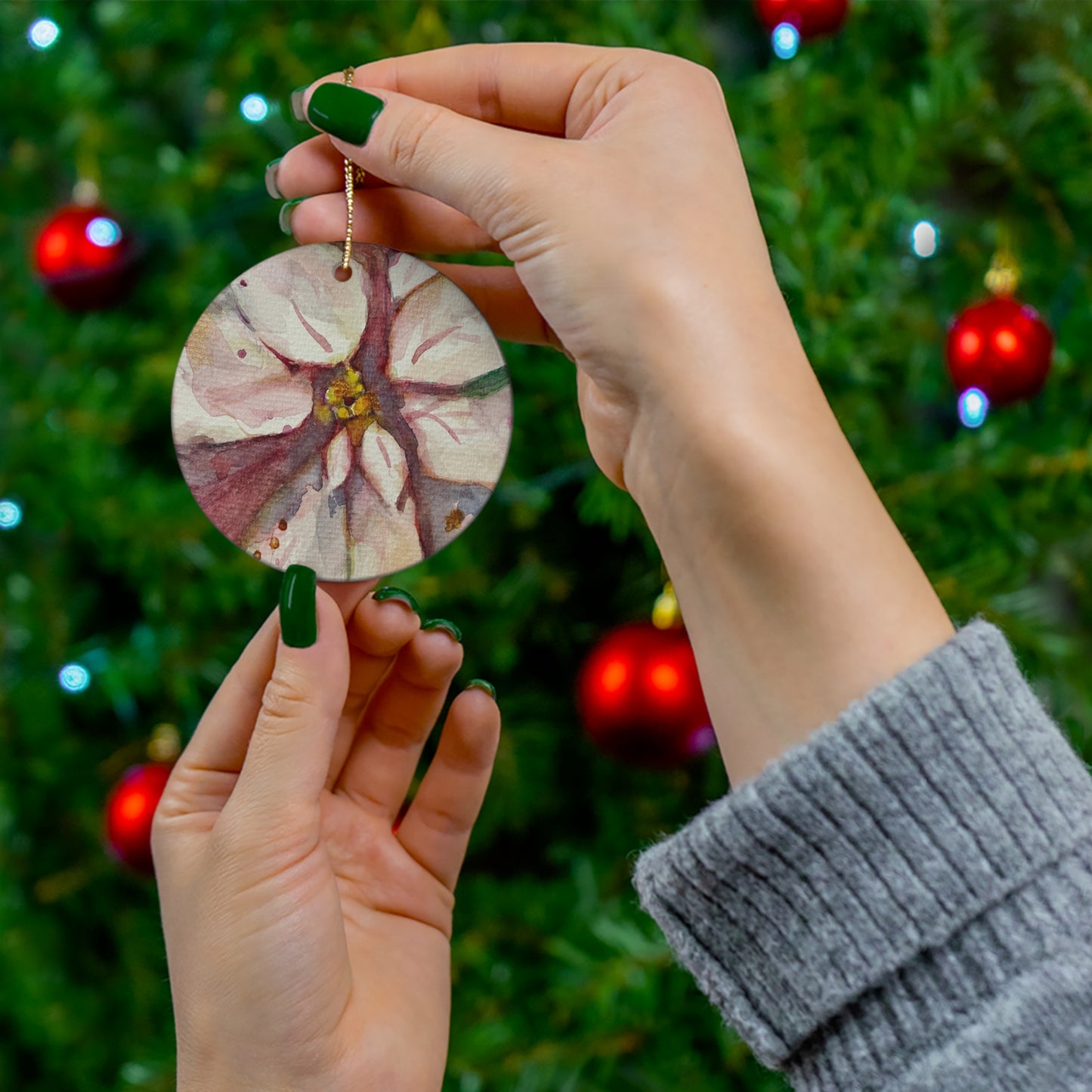 White Poinsettia Ceramic Ornament