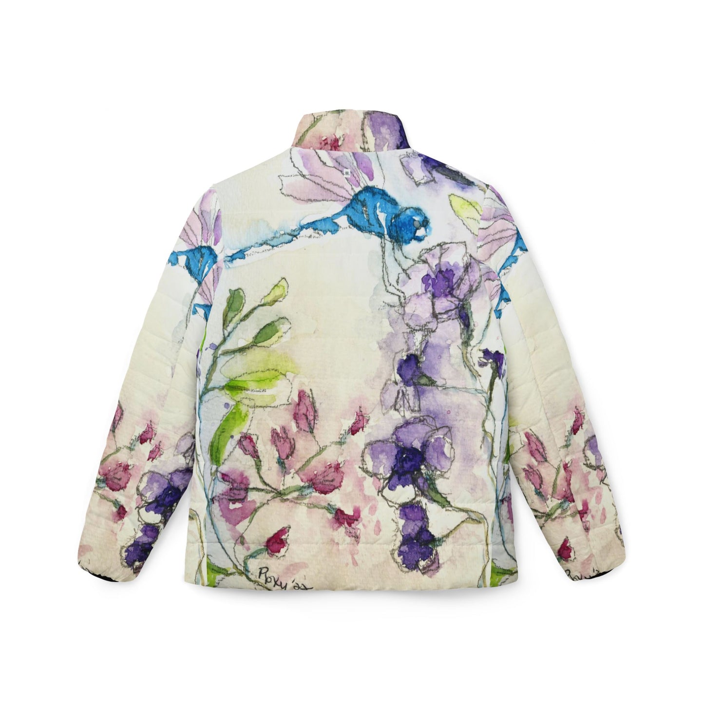 Women's Puffer Jacket - Roxy Rich Fine Art -Blue Dragonfly with Purple Tube Flowers