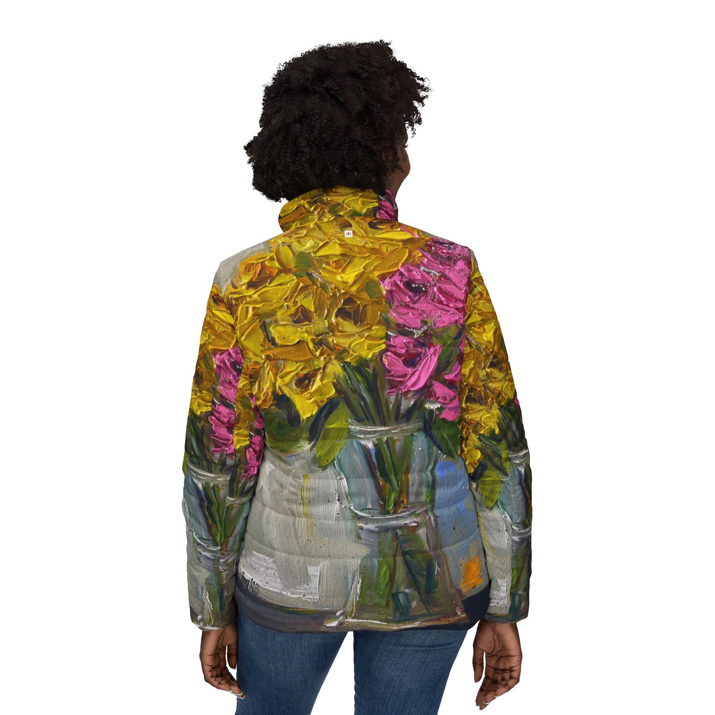 Women's Puffer Jacket - Roxy Rich Fine Art -Pink and Yellow Roses