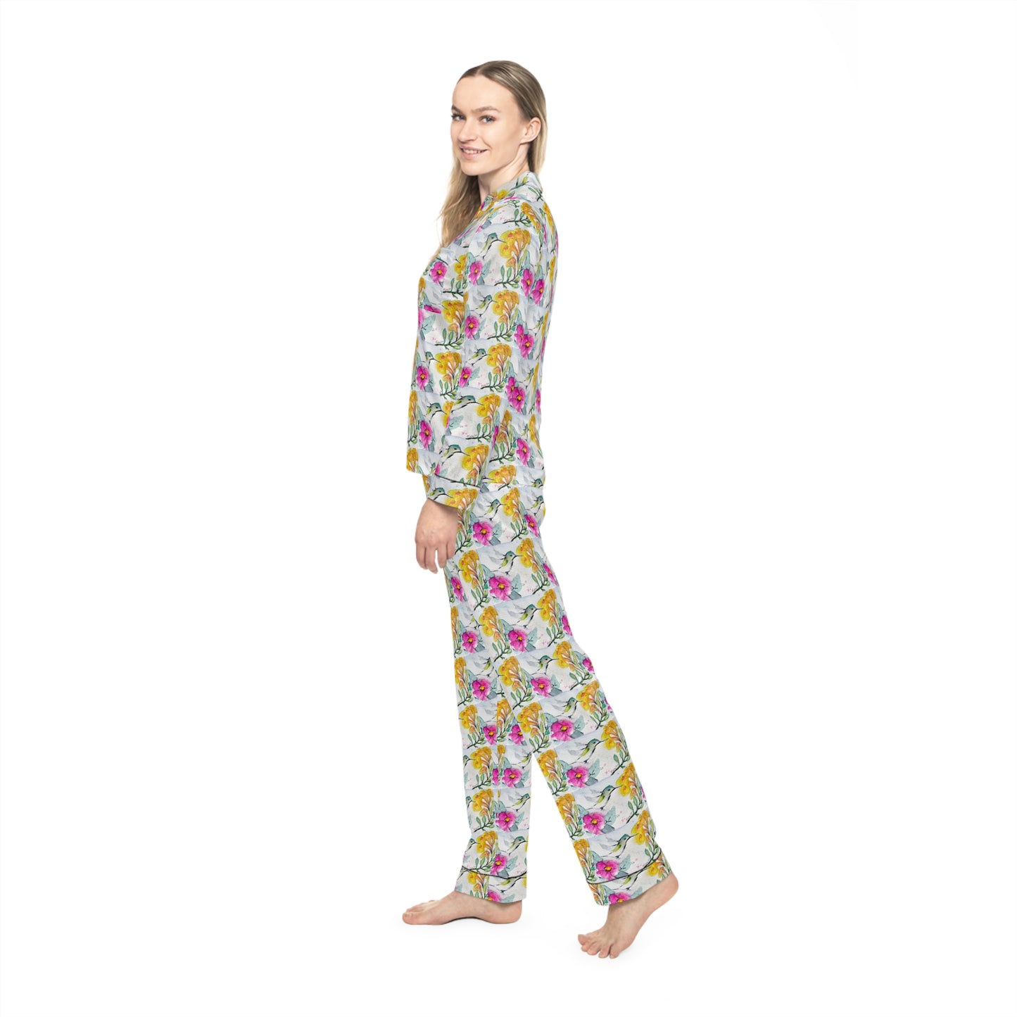 Satin Pajamas — Luxurious Silky Sleepwear Set- Floating Light Hummingbird