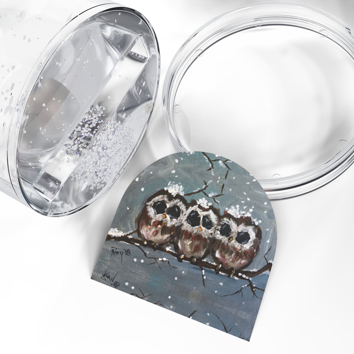 Snow Globe - Three Adorable Owl Chicks perched on a Snowy Branch