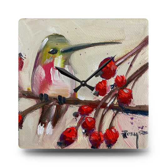 Reloj de pared acrílico colibrí con bayas 
