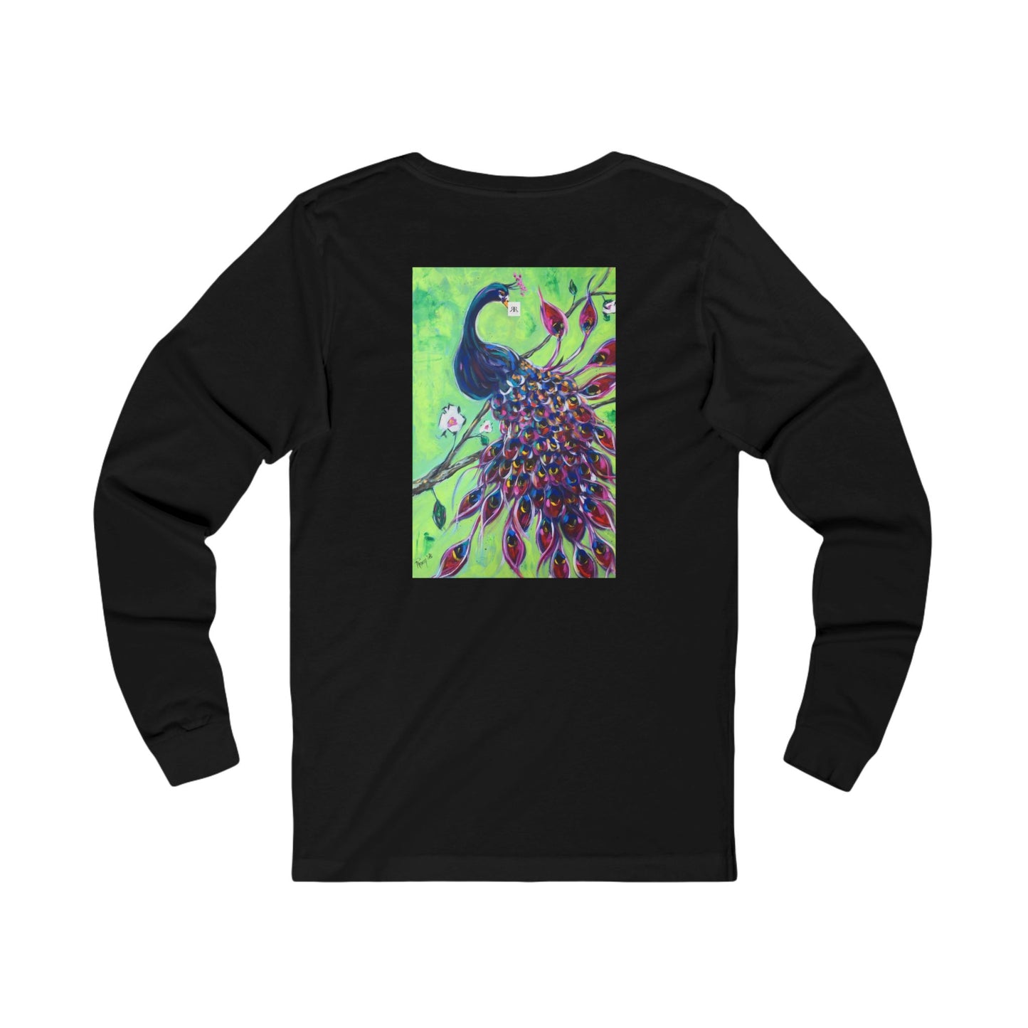 Unisex Jersey Long Sleeve Tee-Image on Back-Royal Plumage Peacock