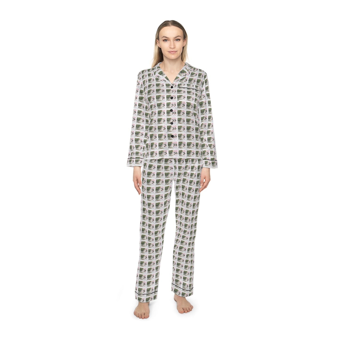 Satin Pajamas — Luxurious Silky Sleepwear Set-Hummingbird with Fuchsias