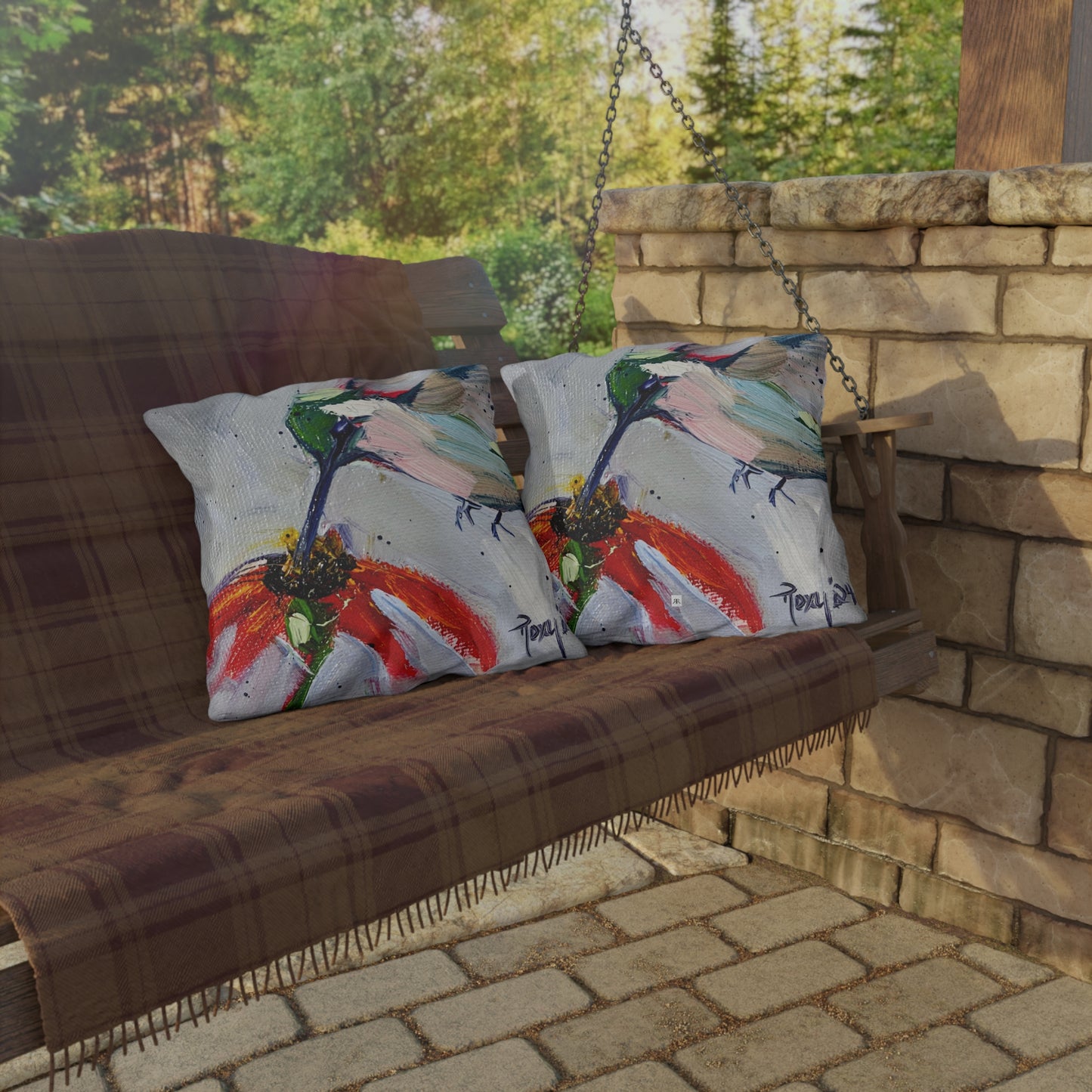 Hummingbird at a Coneflower Outdoor Pillows