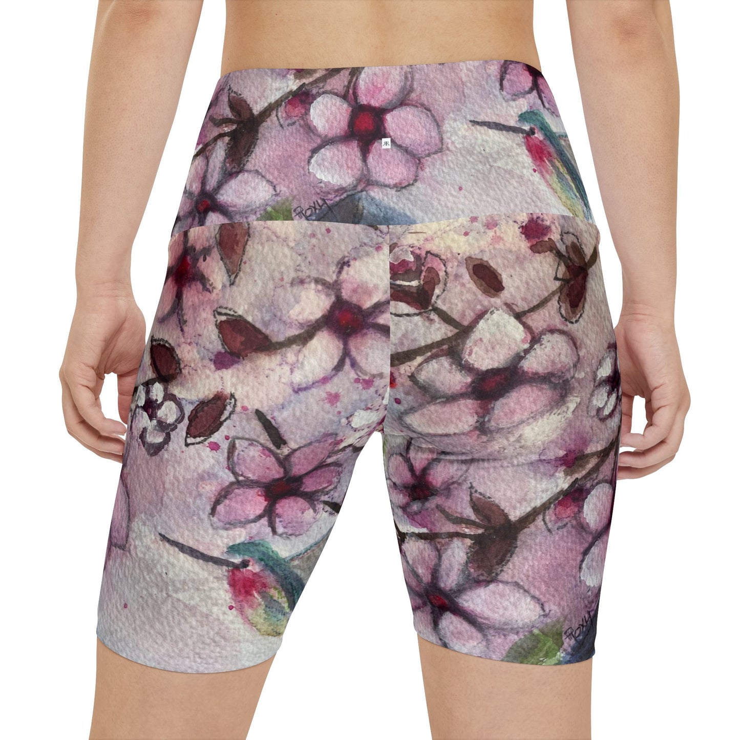 Women's Workout Shorts -Hummingbird in Cherry Blossoms