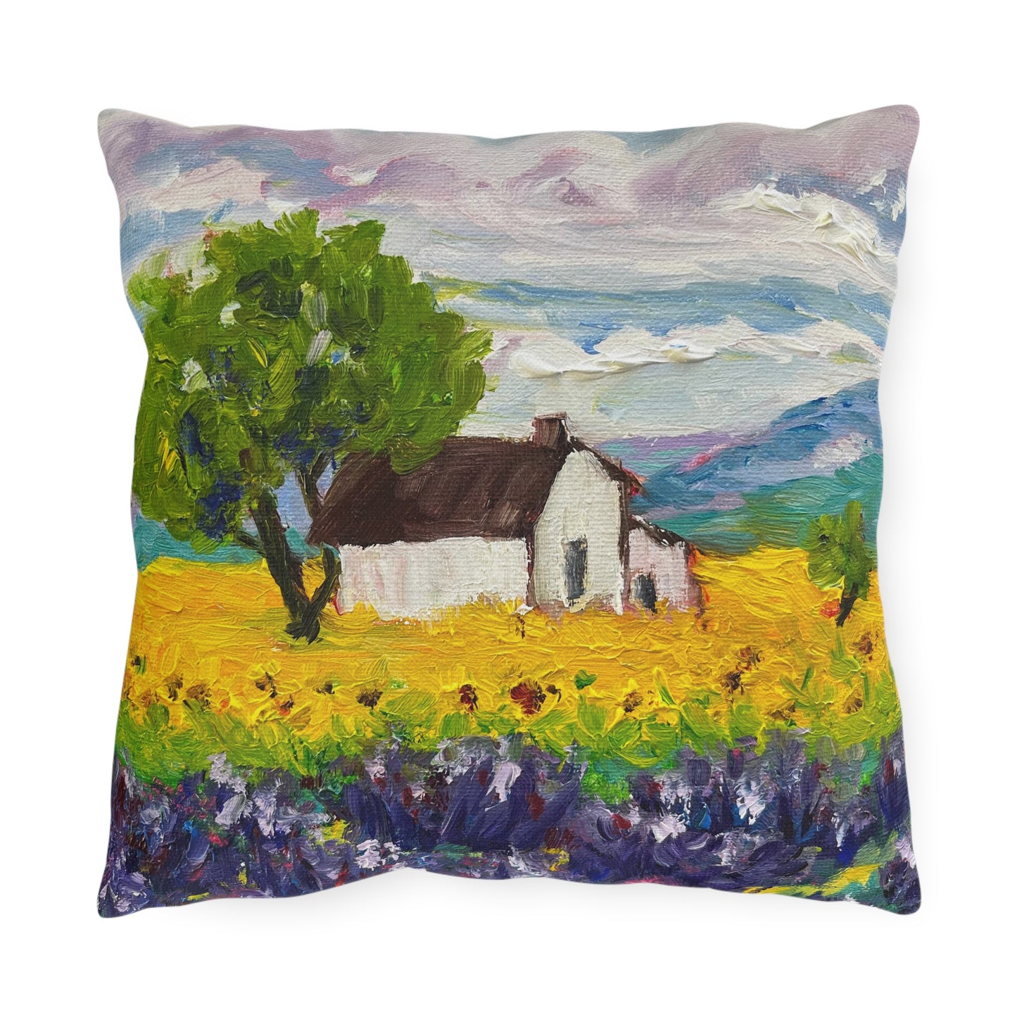 Almohadas de exterior provenzales de girasoles y lavanda